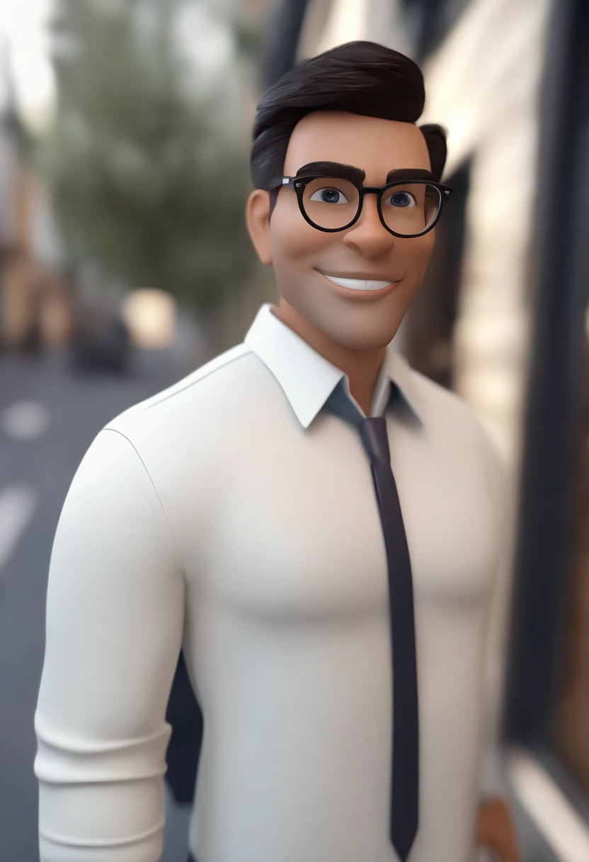 Cartoon character of a man wearing black glasses and a blue shirt, um personagem animado, Caractere estilizado, animation style rendering, 3D estilizado, Arnold Maya render, 3 d render stylized, toon render keyshot, Personagem 3D, Personagem 3D, 3d rendering stylized, 3 d character render, personagem de desenho animado, Personagem de close up, Pose de personagem, (Estilo Pixar) (master part:1.2) (Bokeh) (best quality) (pele detalhada) (textura detalhada) (8k) (argila) (Cinematic lighting) (foco nítido,Senta e vaza a parte superior do corpo