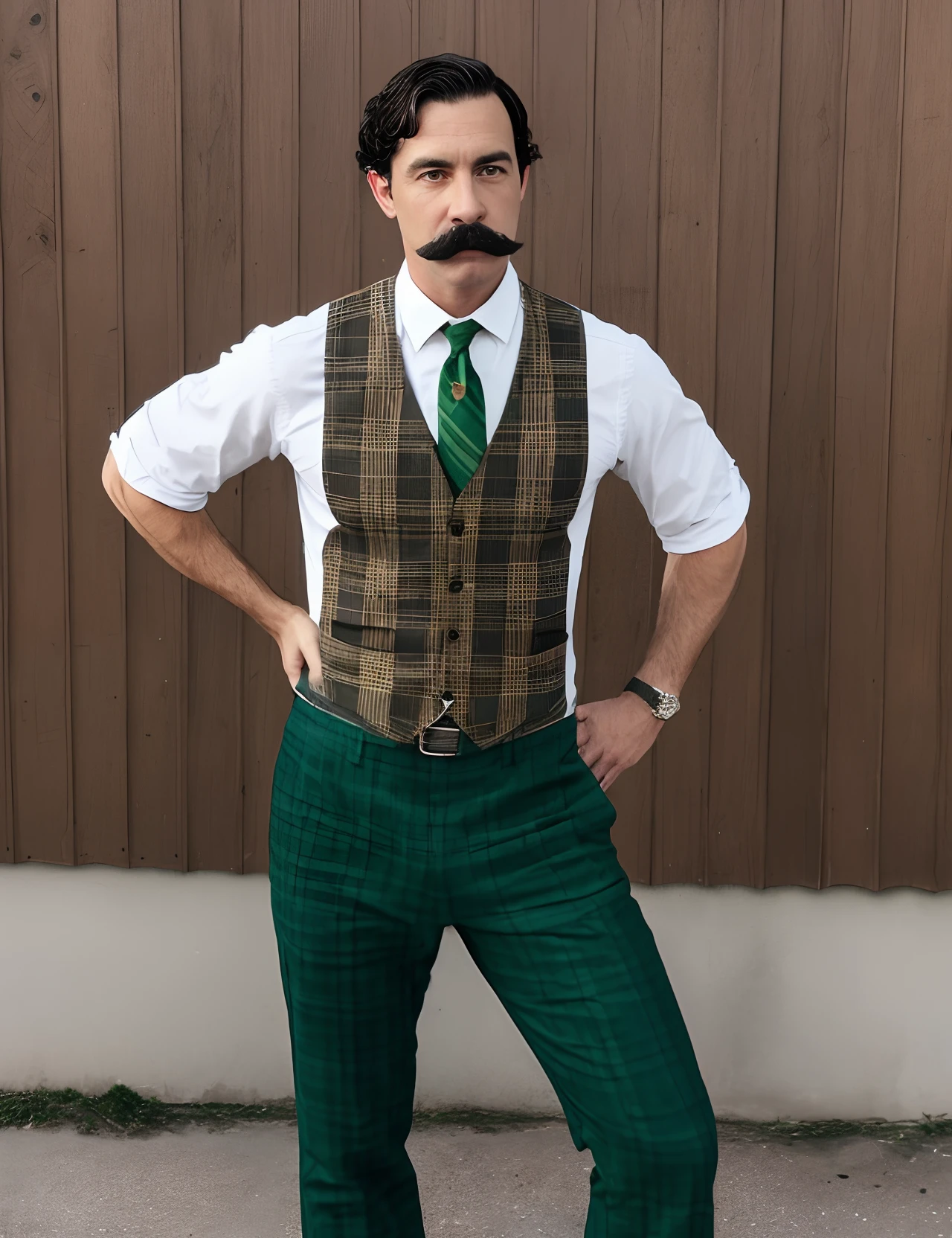 White Man from 1899 with short dark brown hair, a curly mustache wearing white collared button down with top 2 buttons unbuttoned & sleeves rolled up, brown & black plaid buttoned vest, green pants, & brown & tan shoes