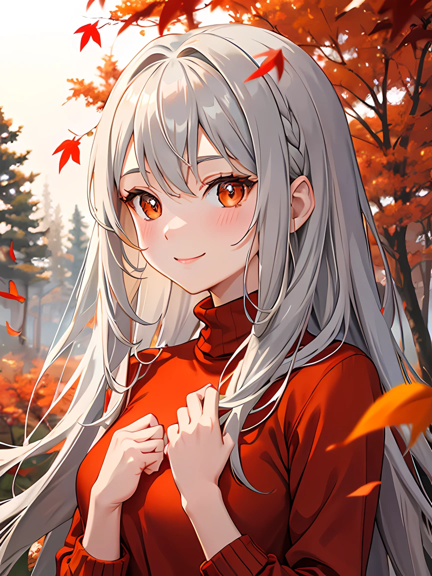 masterpiece, best quality, 1 girl, gray hair, orange eyes, smile, red sweater, forest, trees, red leaves