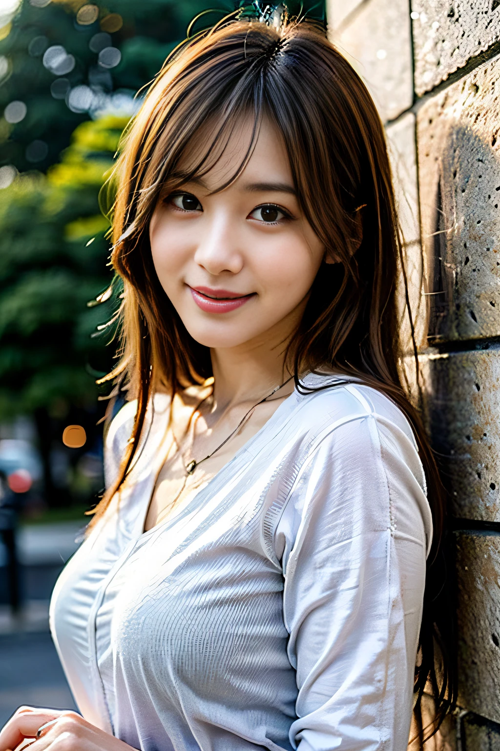 masterpiece、1 beautiful girl、A detailed eye、Puffy eyes、top-quality, 超A high resolution, (Realisticity: 1.4), Bright sunshine、japanes、Asian Beauty、Korea person、Super beauty、Beautiful skin、A slender、The body is facing forward、(A hyper-realistic)、(hight resolution)、(8K)、(ighly detailed)、(beautifully detailed eyes)、(ultra-detailliert)、 (wall-paper)、A detailed face、Bright lighting、profetional lighting、looking at viewert、Facing straight ahead、(She wears a neat white shirt)、(A smile,1.2)、Brown hair、Japan idle、韓国アイドル、hposing Gravure Idol、女優、age19、tall,