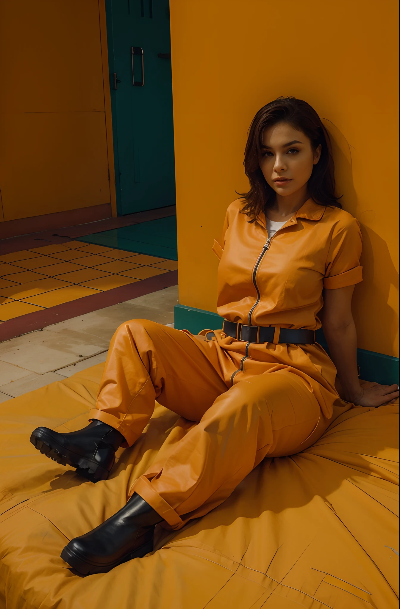 make her wear a zipped orange prison jumpsuit and Hunter rubber boots