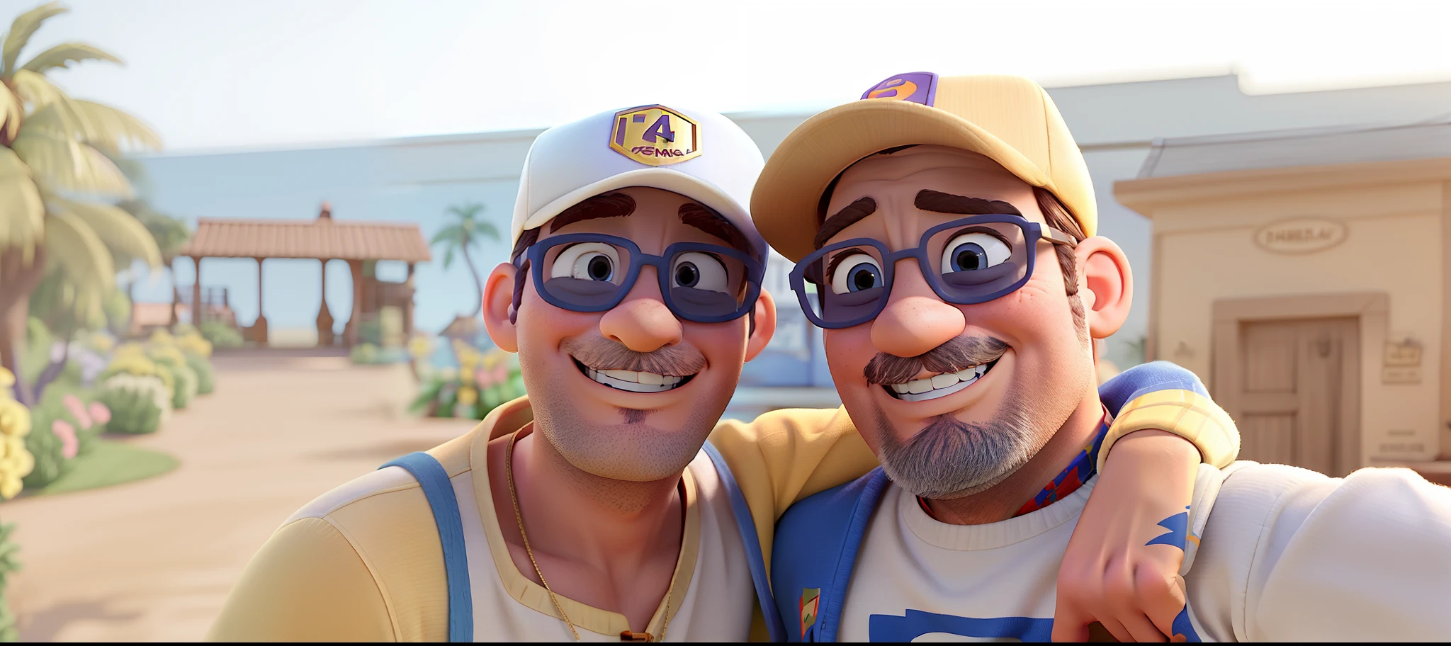 Casal (homem de 42 e homem de 50 anos) no estilo Disney Pixar, alta qualidade, melhor qualidade.