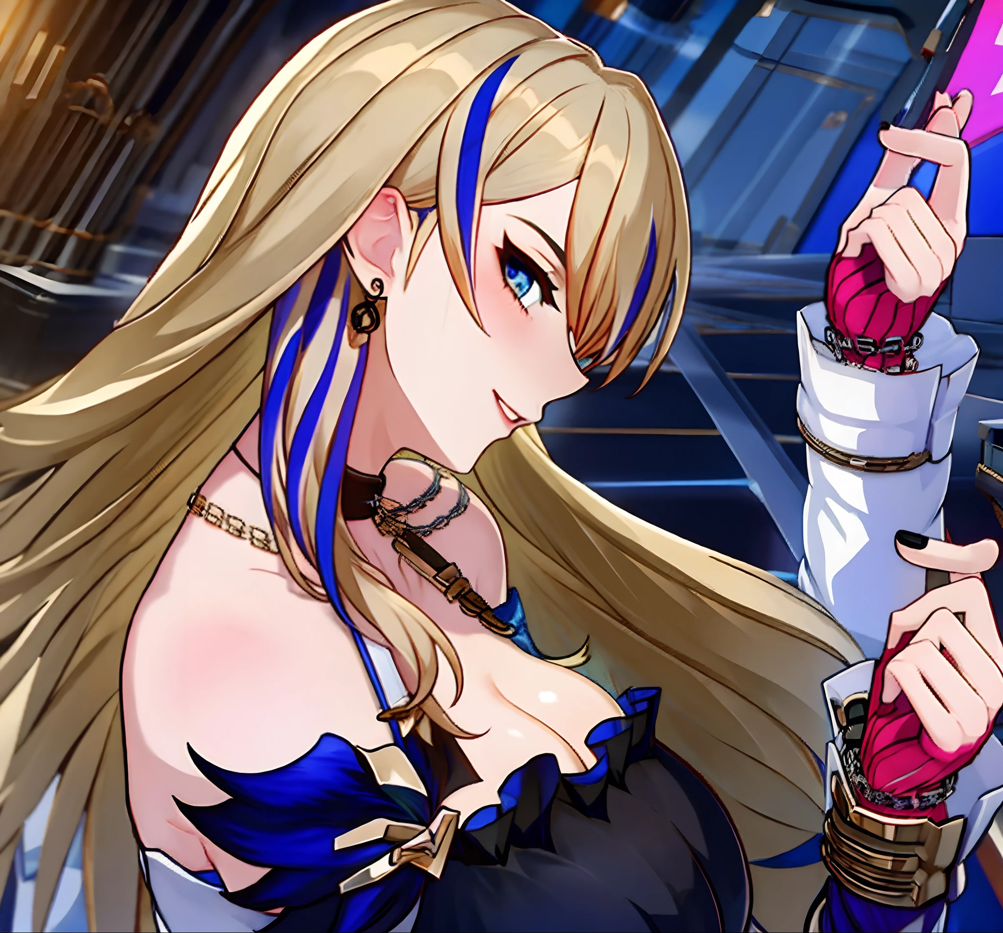 1girl, bangs, bare shoulders, black nails, blonde hair, blue eyes, choker, earrings, fingerless gloves, from side, gloves, jewelry, long hair, looking at viewer, multicolored hair, nail polish, serval landau, smile, solo, streaked hair, upper body,large breasts,(masterpiece),mature female,show her armpit