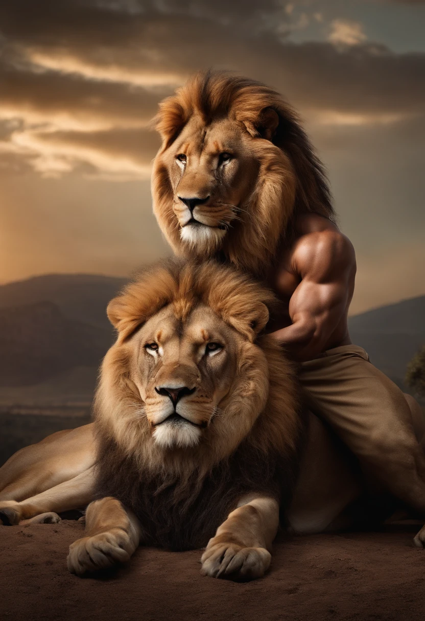 A imagem mostra um homem musculoso e barbudo, Standing in front of a lion. The man seems to be flexing his muscles, possivelmente posando para uma foto. The lion is positioned behind the man, ocupando parte significativa da imagem.Ao fundo, Various birds scattered around the scene, complementando a atmosfera geral da imagem. The combination of man's muscular constitution, of the lion and birds creates a powerful and dynamic look.