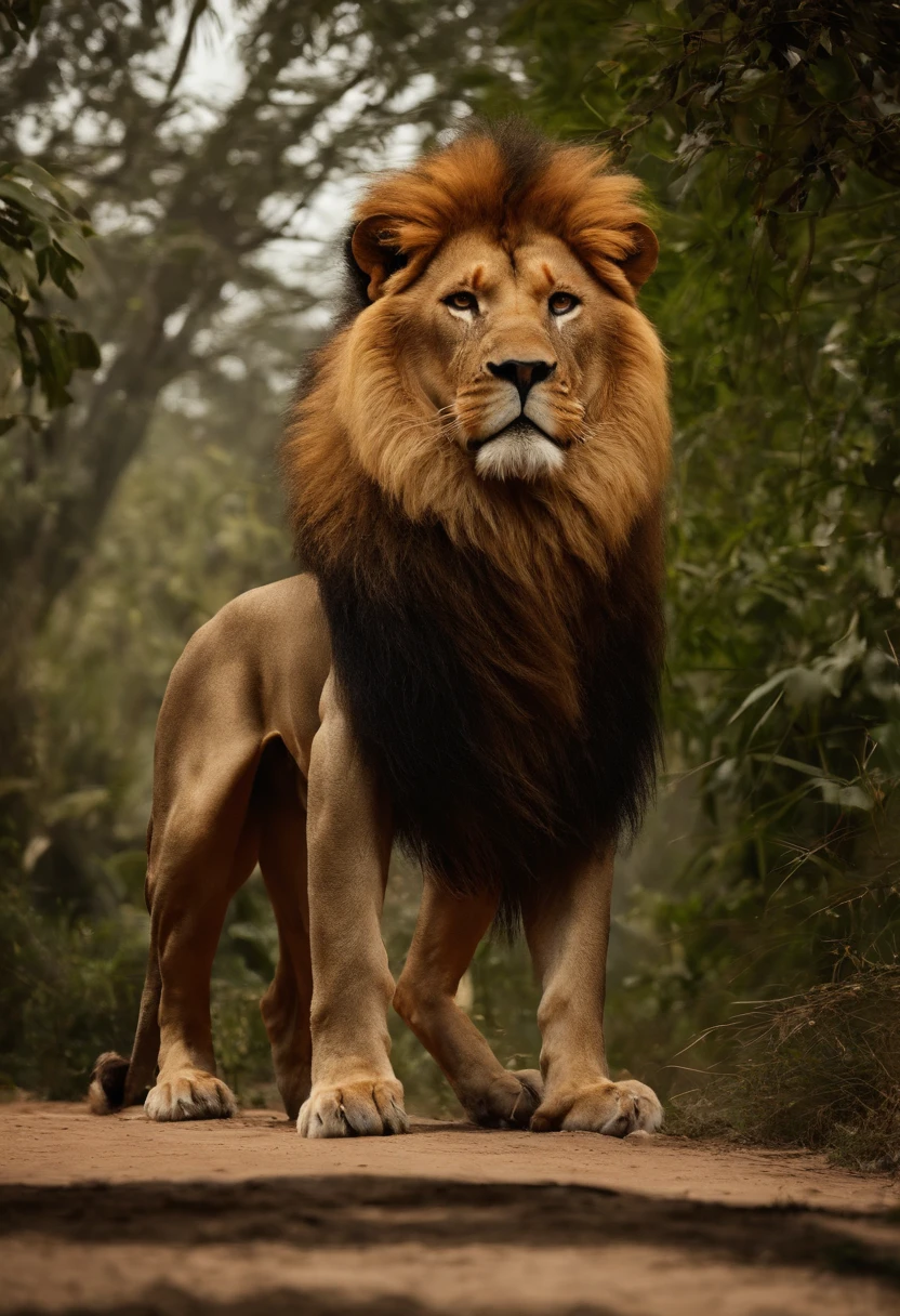A imagem mostra um homem musculoso e barbudo, Standing in front of a lion. The man seems to be flexing his muscles, possivelmente posando para uma foto. The lion is positioned behind the man, ocupando parte significativa da imagem.Ao fundo, Various birds scattered around the scene, complementando a atmosfera geral da imagem. The combination of man's muscular constitution, of the lion and birds creates a powerful and dynamic look.