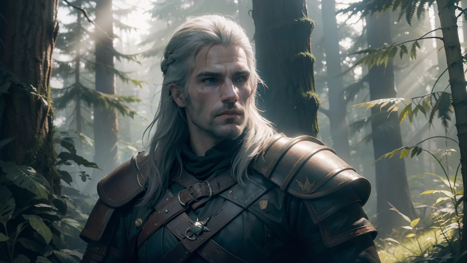 Geralt de Rivia, a hunter of legendary monsters, is in a forest and dense. Sunlight shines through the treetops, criando raios de luz que iluminam o caminho de Geralt. He's wearing his iconic leather armor., decked out with metal details and insignia from his guild. Her long white hair is stuck in a braid, enquanto seus olhos amarelos mostram a espiritualidade de um verdadeiro Witcher. The atmosphere is tense and dangerous, conveying the feeling that a confrontation is about to happen. illustration, Estilo realista, using shading and texturing techniques, --AR 16:9 --V 5.