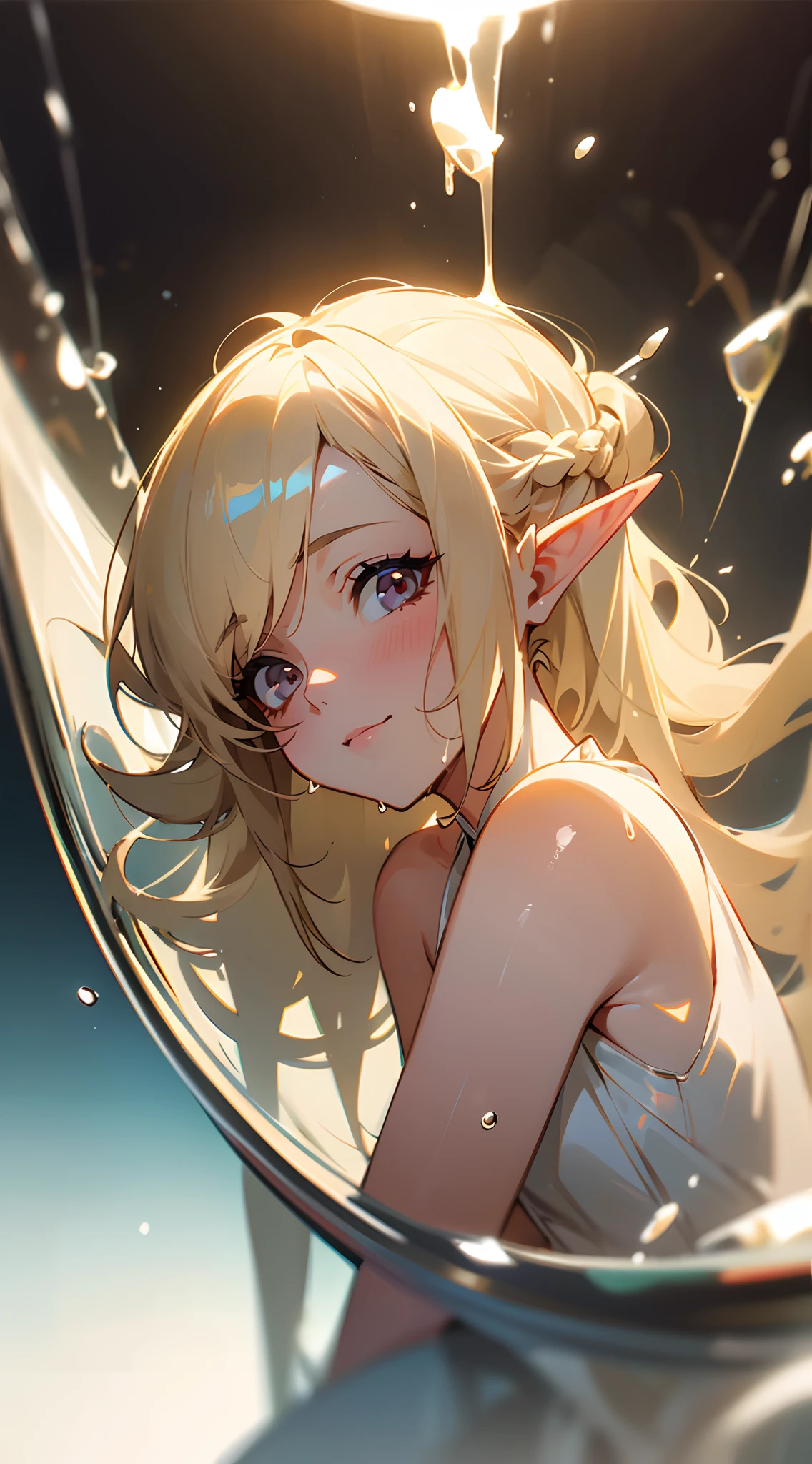 Mature woman woman , light skin , silver eyes , blonde hair , elf ears , small chest , hair in an up-do style , smaller more mature eyes , age 26,
Inside of a giant martini glass , wet , pin up , reflection , happy expression, stylized,
(masterpiece, best quality )detailed, 1Character , pastel washed out colors , cell shade , soft, muted shades ,gentle colors ,