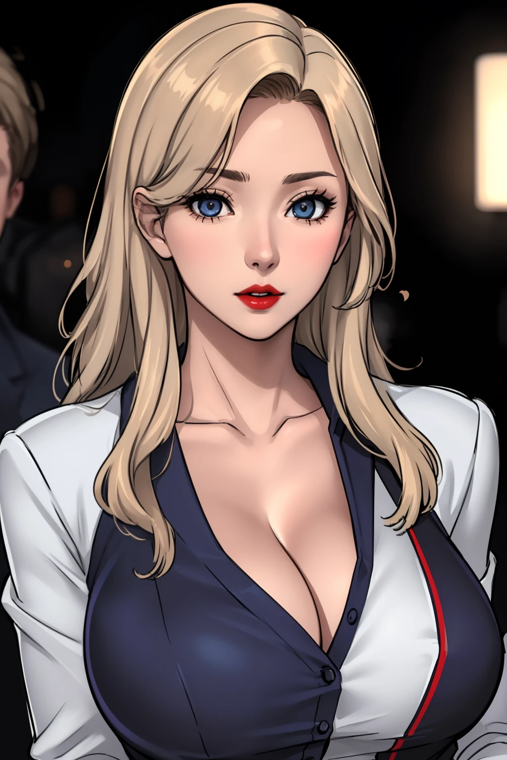 masterpiece, ,(solo:1.1), perfect face, (bright lighting:1.2),beautiful detailed eyes, extremely detailed face, perfect lighting,masterpiece, best quality, ((mature female)), ((large breasts)), 30yo female, 1girl, , hetero, 1boy, solo focus, pov, red lips, blazers, blonde hair,