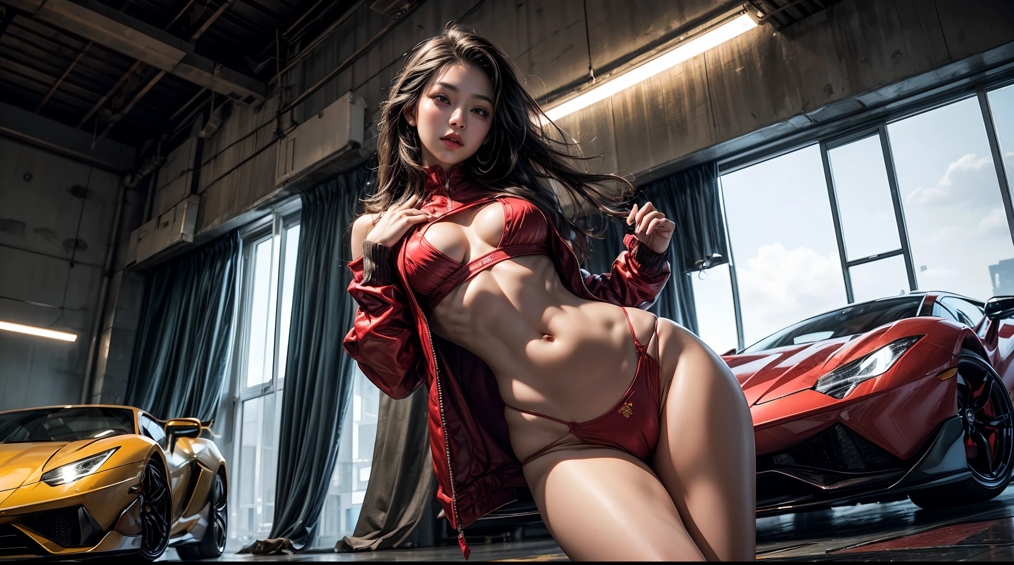 beautiful Asian girl, perfect face and detailed eyes, looking at the viewer, white, red, black, Amazing realistic image of a beautiful girl in sexy semi-open sports outfit showing her panties(cameltoe), nipple breast on cloths, long flowing hair, standing beside lambo sports car