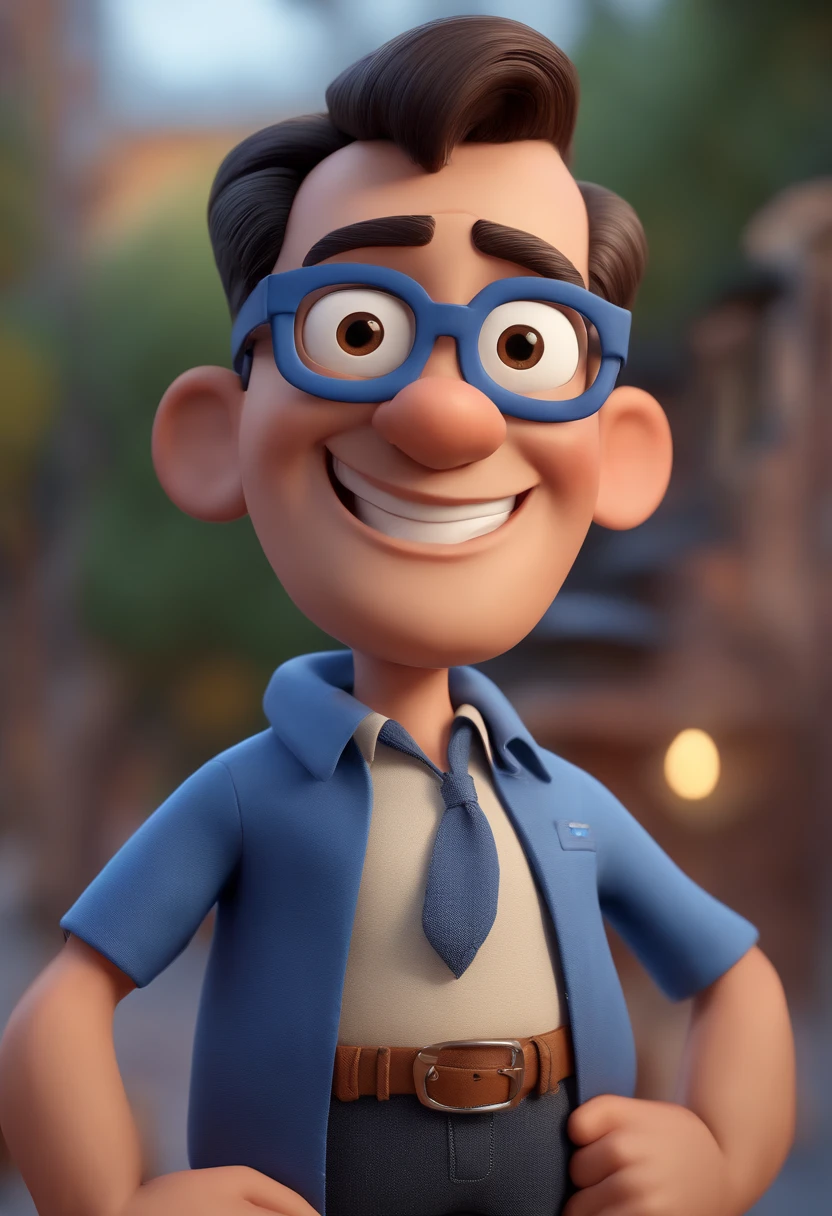 Cartoon character of a man with black glasses and a blue shirt, animation character, Caractere estilizado, animation style rendering, 3D estilizado, Arnold Maya render, 3 d render stylized, toon render keyshot, Personagem 3D, Personagem 3D, 3d rendering stylized, 3 d character render, personagem de desenho animado, Personagem de close up, Pose de personagem, (Estilo Pixar) (master part:1.2) (Bokeh) (best quality) (pele detalhada) (textura detalhada) (8k) (argila) (Cinematic lighting) (foco nítido