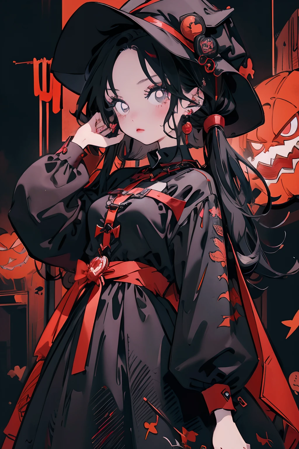 in a red dress，Anime girl in black cape and black hat, style of anime4 K, in a halloween style, gothic maiden anime girl, Kawasi, cute anime waifu in a nice dress, Anime art wallpaper 8 K, 🍂 Cute, Badass anime 8 K, Best anime 4k konachan wallpaper, halloween art style, Anime art wallpaper 4k