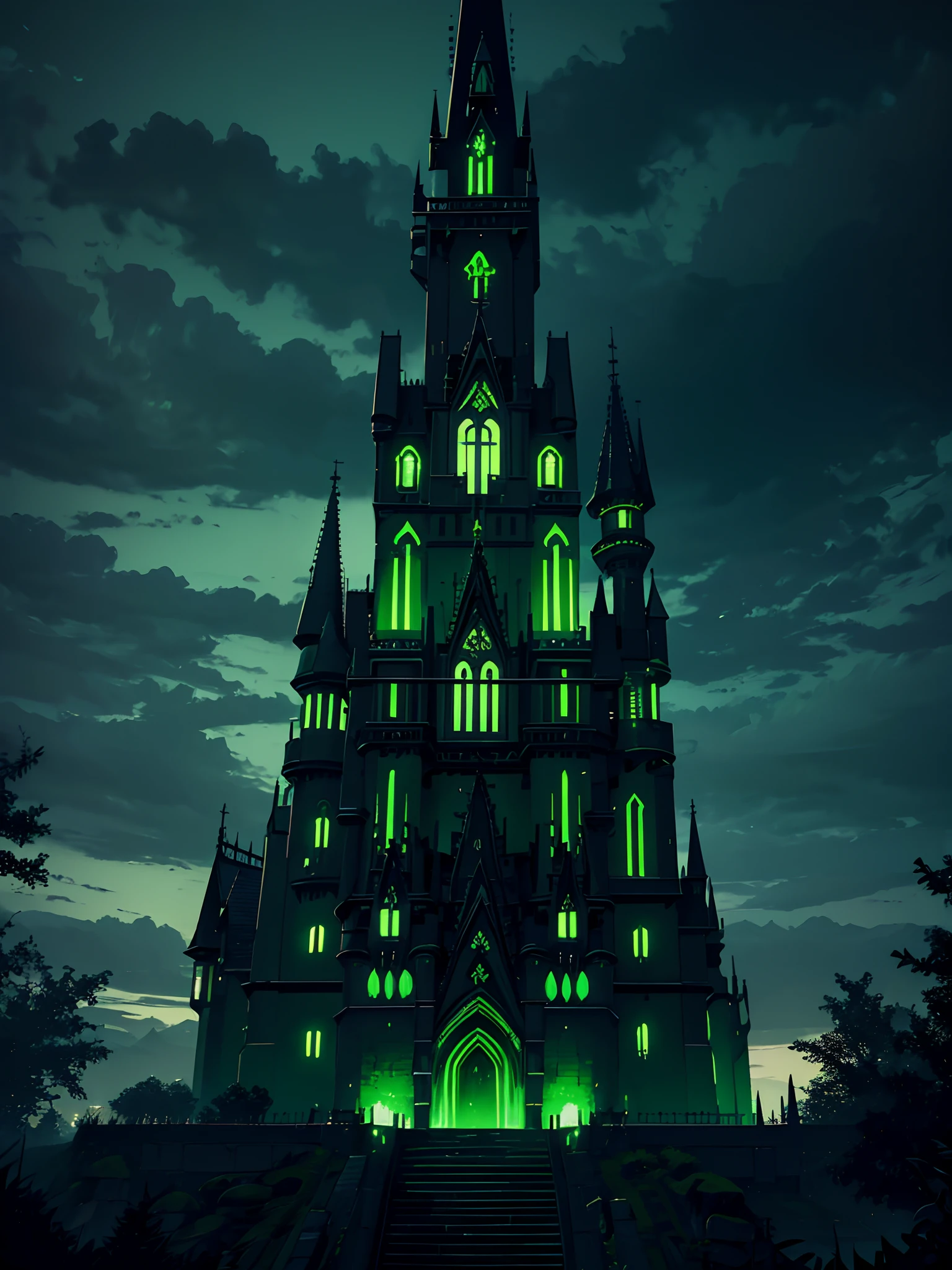 Dark Castle with Green Lights, Green and black color palette, Dark and gloomy style, Green Demon Lights, Exterior view