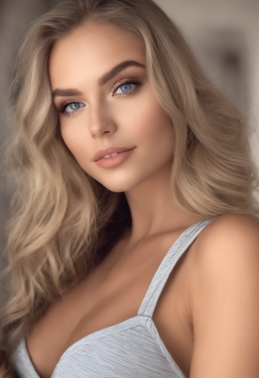 arafed frau voll , Sexy girl with blue eyes, ultra realistisch, Akribisch detailliert, portrait sophie mudd, blonde hair and large eyes, Selfie einer jungen Frau, Augen im Schlafzimmer, Violet Myers, ohne Make-up, Natural makeup, Blick direkt in die Kamera, Gesicht mit Artgram, dezentes Make-up, Stunning full body shot, die auf dem Bett kniet, im Schlafzimmer, medium to large bust size, In underwear