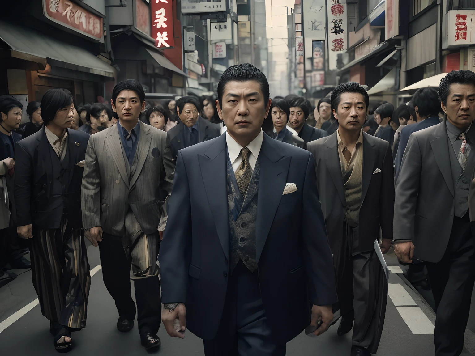 Arafe image of a man in a suit walking through a crowded street, Yakuza, by Hiroyuki Tajima, live action movie scene, still from live action movie, by Kanō Tan'yū, japanese live action movie, style of masami kurumada, [ play ], stage:1982 Tokyo