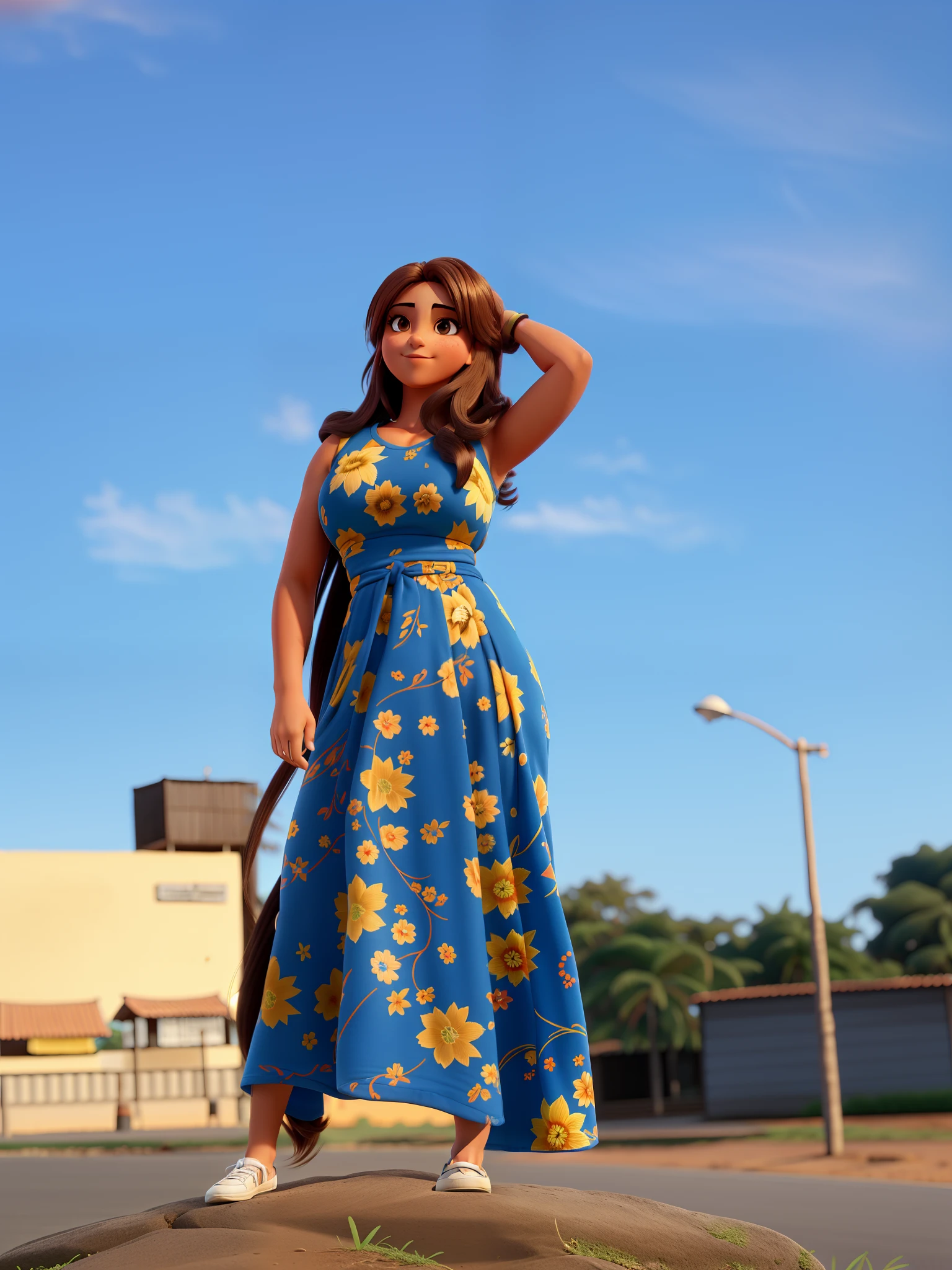 Mulher brasileira, cabelo castanho claro. Na frente, por do sol ao fundo