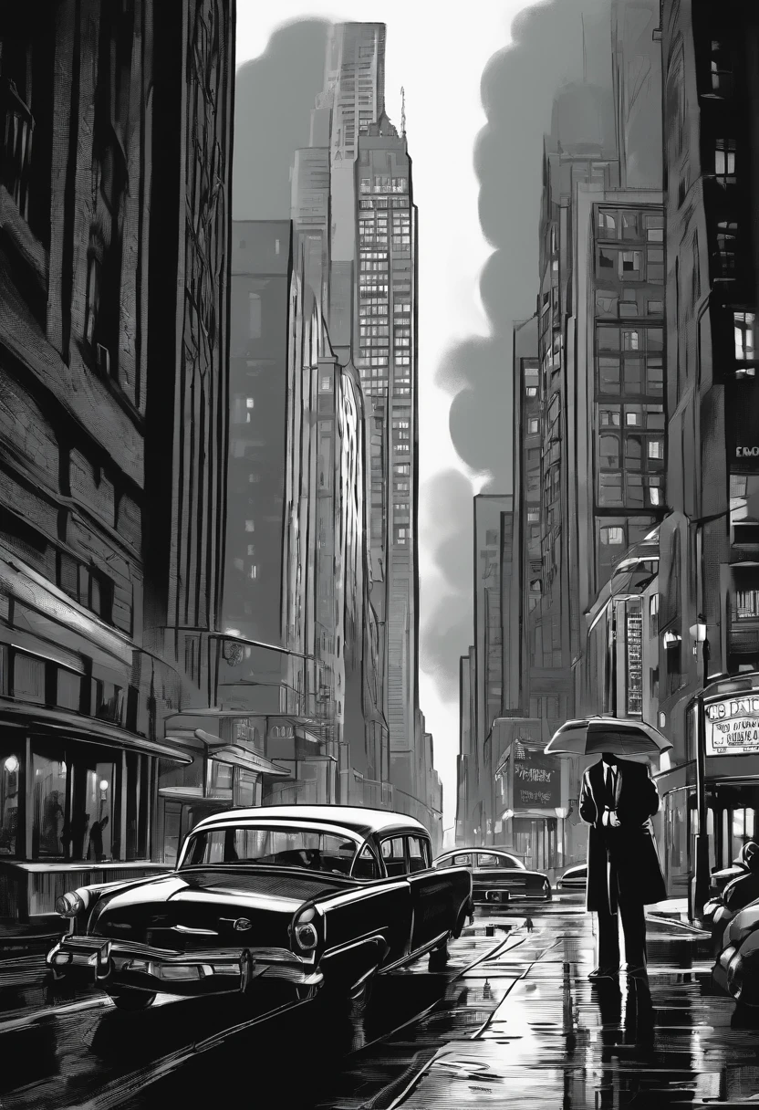 In a black and white comic style, sketch a noir-themed cityscape with tall skyscrapers, vintage cars, and shadowy figures. Rain falls heavily, and a detective in a trench coat stands under a streetlight, looking for clues. In the background, a billboard advertises a jazz club.