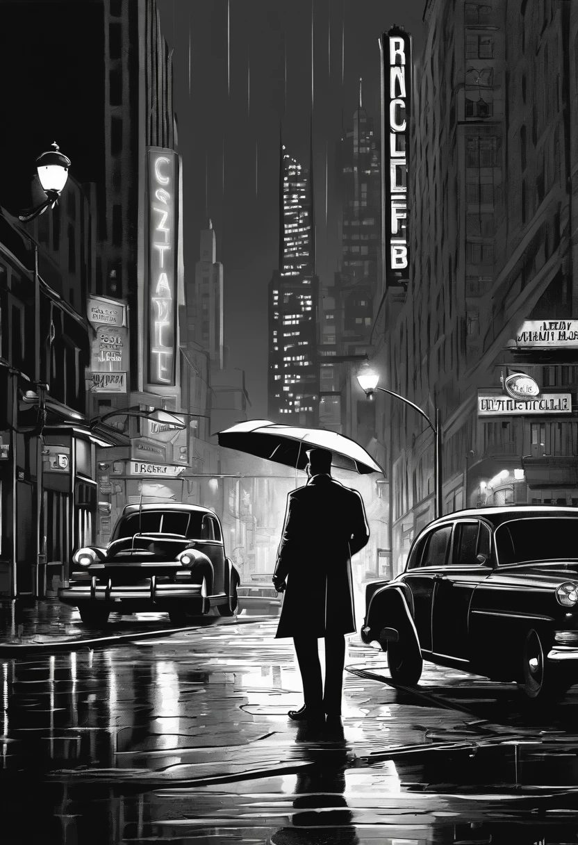 In a black and white comic style, sketch a noir-themed cityscape with tall skyscrapers, vintage cars, and shadowy figures. Rain falls heavily, and a detective in a trench coat stands under a streetlight, looking for clues. In the background, a billboard advertises a jazz club.