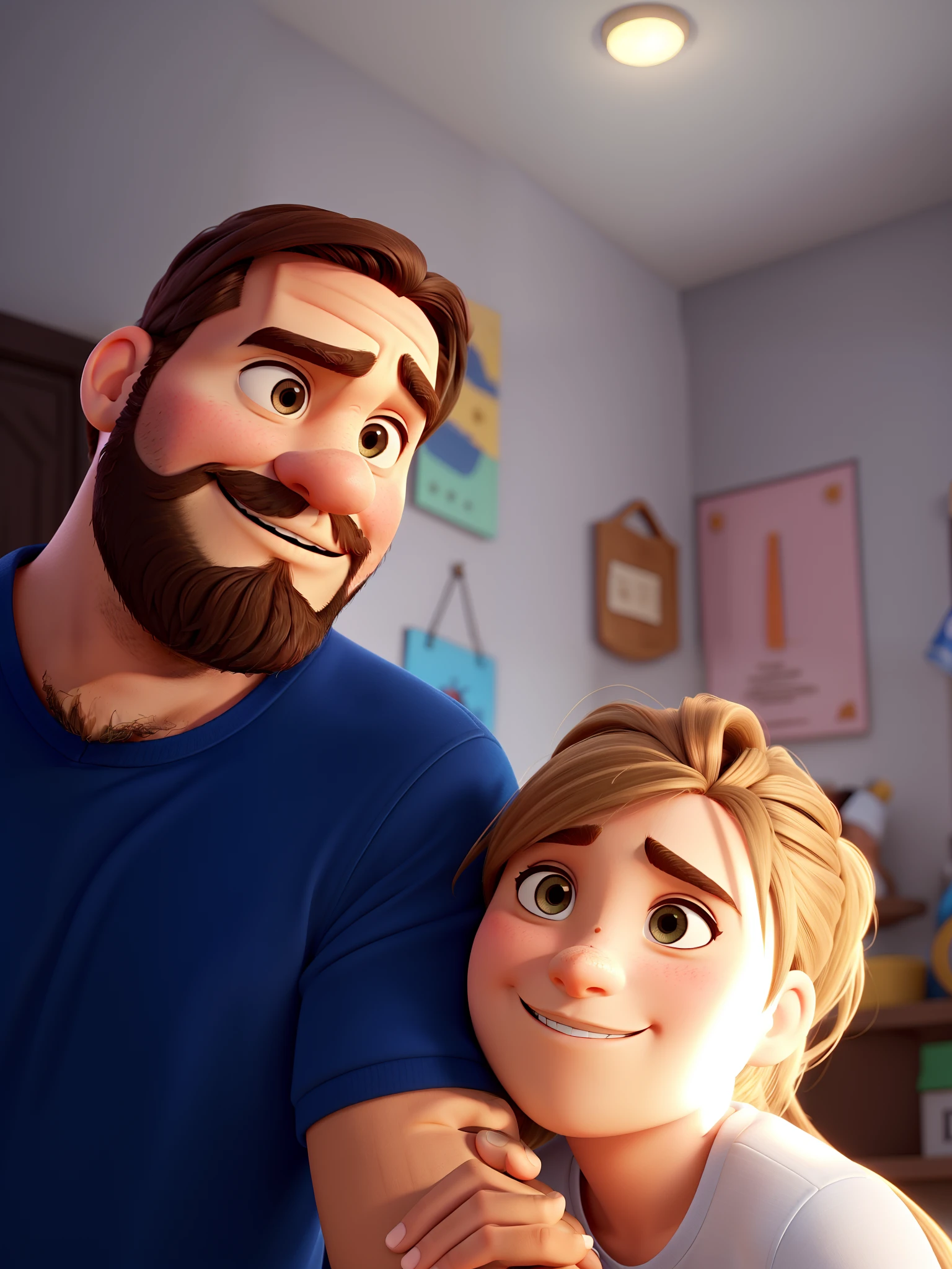 Homem com barba e menina de cabelo ruivo, Estilo Pixar, boa qualidade, melhor qualidade