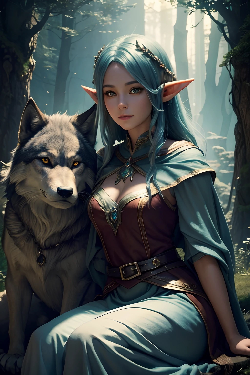 Beautiful fantasy elf sitting next to a big wolf, look in camera, Symmetrical eyes, Symmetrical face, Mysterious magical fantasy enchanting air, cinematic shot, Cinematic scene, Stunning, Breathtaking, A sense of magic in the air, magical fantasy, diffuse lighting