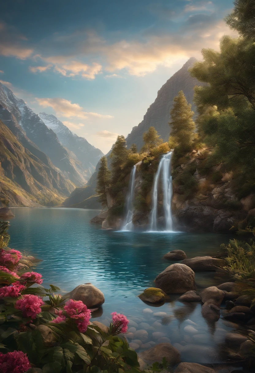 masterpiece, best quality, high quality, extremely detailed CG unity 8k wallpaper, scenery, outdoors, sky, cloud, day, no humans, mountain, landscape, water, tree, blue sky, waterfall, cliff, nature, lake, river, cloudy sky,award winning photography, Bokeh, Depth of Field, HDR, bloom, Chromatic Aberration ,Photorealistic,extremely detailed, trending on artstation, trending on CGsociety, Intricate, High Detail, dramatic, art by midjourney