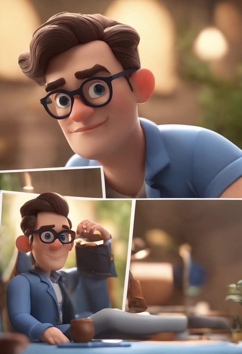 Cartoon character of a man wearing black glasses and a blue shirt, um personagem animado, Caractere estilizado, animation style rendering, 3D estilizado, Arnold Maya render, 3 d render stylized, toon render keyshot, Personagem 3D, Personagem 3D, 3d rendering stylized, 3 d character render, personagem de desenho animado, Personagem de close up, Pose de personagem, (Estilo Pixar) (master part:1.2) (Bokeh) (best quality) (pele detalhada) (textura detalhada) (8k) (argila) (Cinematic lighting) (foco nítido，Senta e vaza a parte superior do corpo