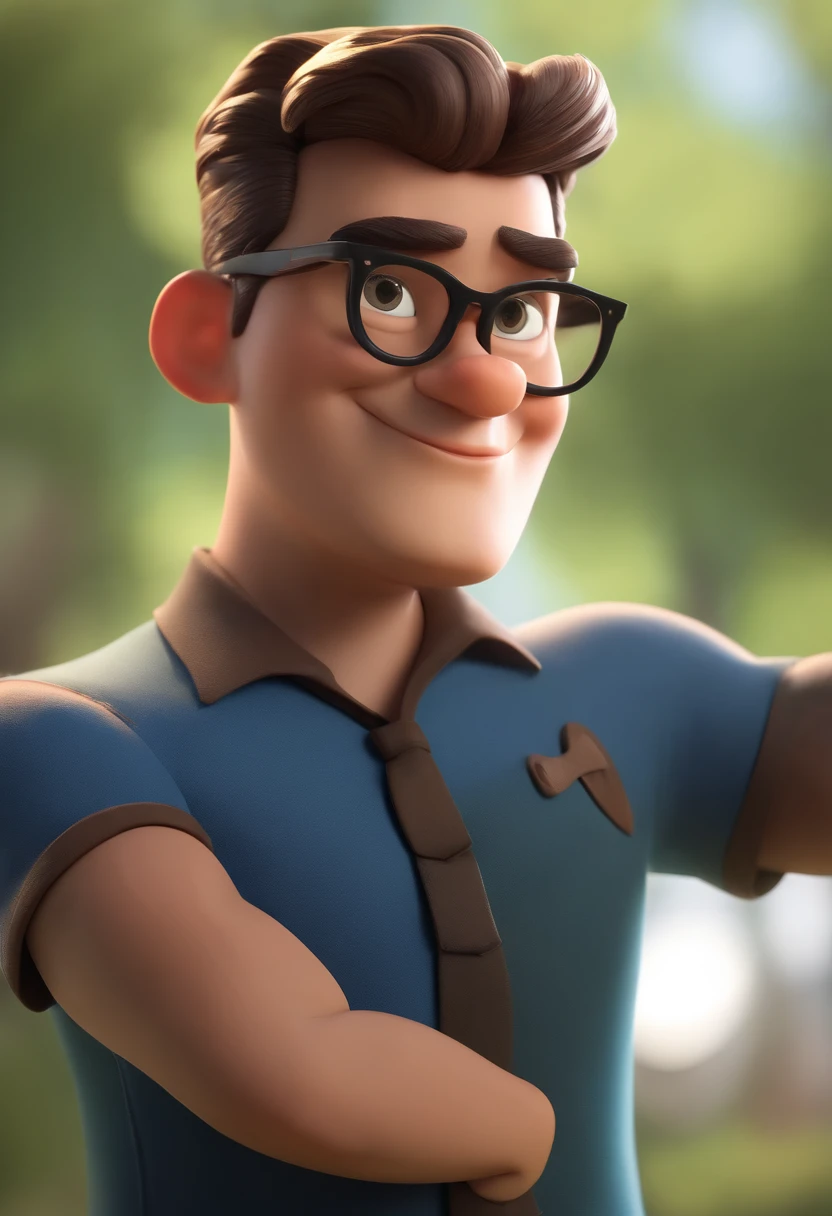 Cartoon character of a man wearing black glasses and a blue shirt, um personagem animado, Caractere estilizado, animation style rendering, 3D estilizado, Arnold Maya render, 3 d render stylized, toon render keyshot, Personagem 3D, Personagem 3D, 3d rendering stylized, 3 d character render, personagem de desenho animado, Personagem de close up, Pose de personagem, (Estilo Pixar) (master part:1.2) (Bokeh) (best quality) (pele detalhada) (textura detalhada) (8k) (argila) (Cinematic lighting) (foco nítido,Senta e vaza a parte superior do corpo