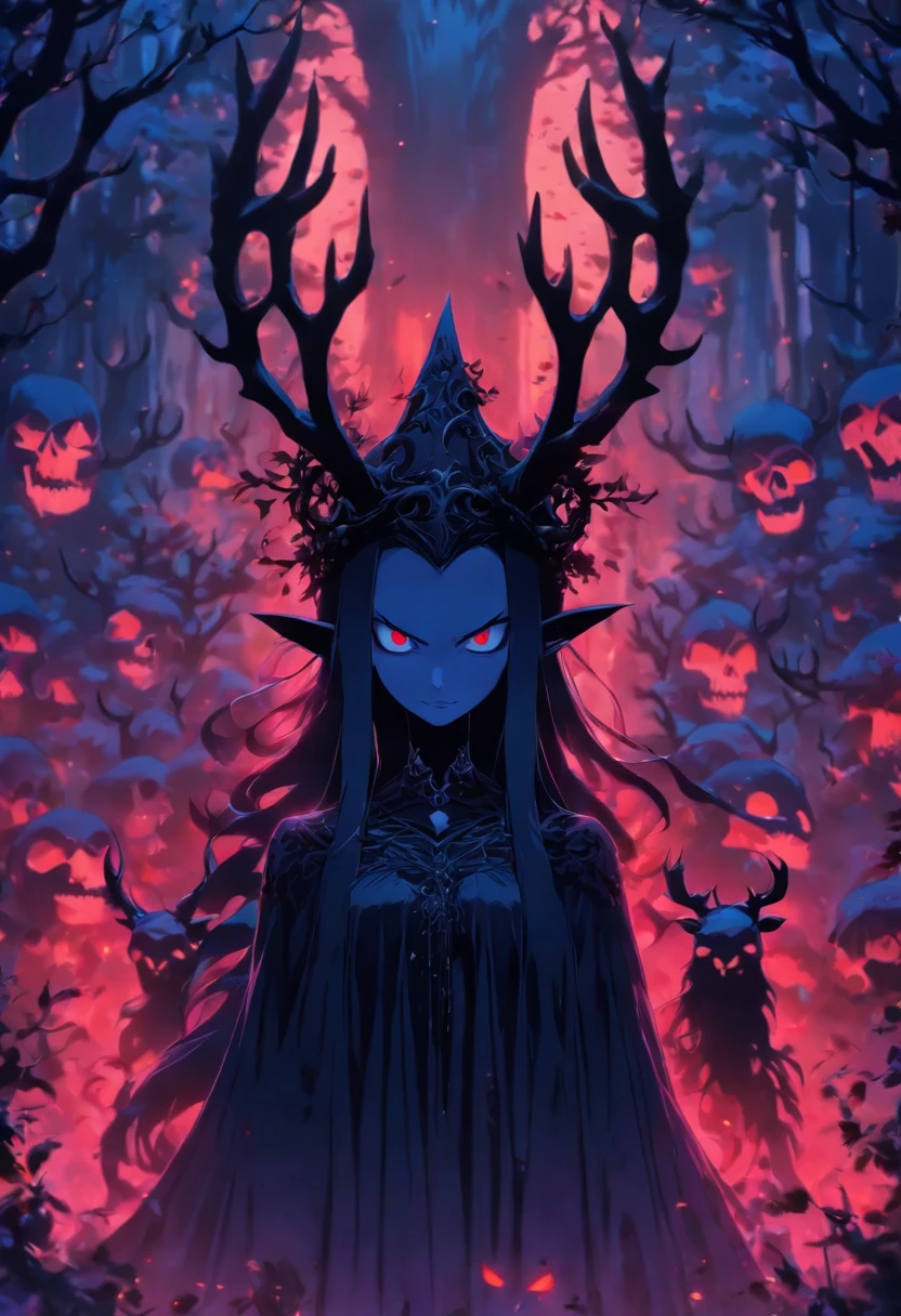 Best quality, ultra-high resolution, 4K detailed CG, Masterpiece, brunette witch, black hair. small bust She wears a black dress and a crown of skulls. two demon horns emerge from his head. He has a deer skull staff with antlers. The witch is standing in an enchanted forest. Gothic art, horror, evil witch.