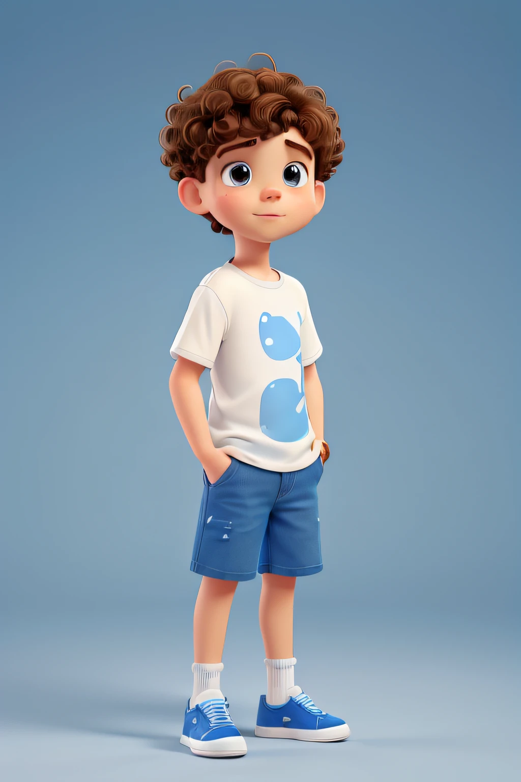 white , short brown curly hair, white shirt with blue bob shirt, blue denim shorts and blue and white sneakers. Disney style, high quality.