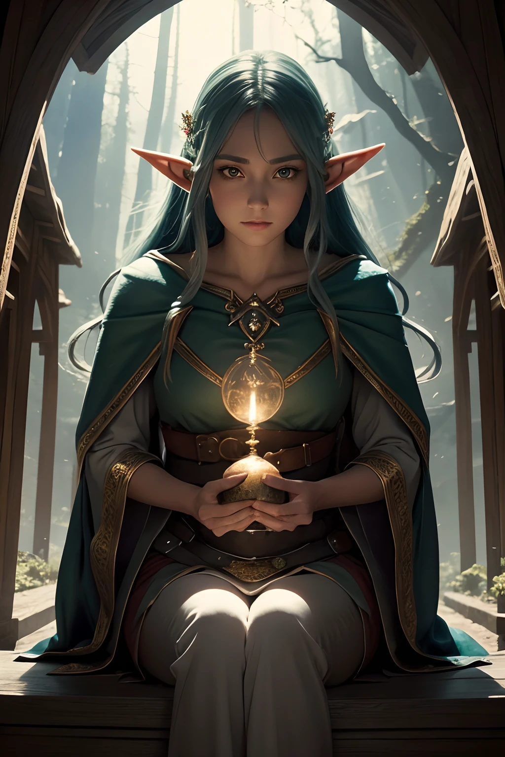 Beautiful fantasy elf sitting next to a big wolf, look in camera, Symmetrical eyes, Symmetrical face, Mysterious magical fantasy enchanting air, cinematic shot, Cinematic scene, Stunning, Breathtaking, A sense of magic in the air, magical fantasy, diffuse lighting