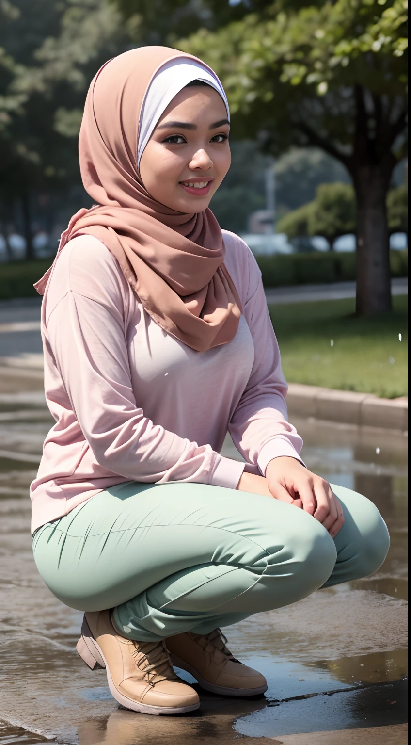 RAW, Best quality, high resolution, masterpiece: 1.3), beautiful Malay woman in hijab (iu:0.8),Best quality, high resolution, Masterpiece: 1.3, Beautiful  hijabi malay girl, Masterpiece, Soft smile,Beautiful Malay women wear pastel color hijab kneeling in heavy rain , ((in street park)), bright sunshine, hiking clothes, pullover, long pants, highres,4k,HDR,1girl, photorealistic, realistic,sweat skin, wet clothes, wet body, big breast, ((full body))soaked, dripping, smiling at viewer, closeup