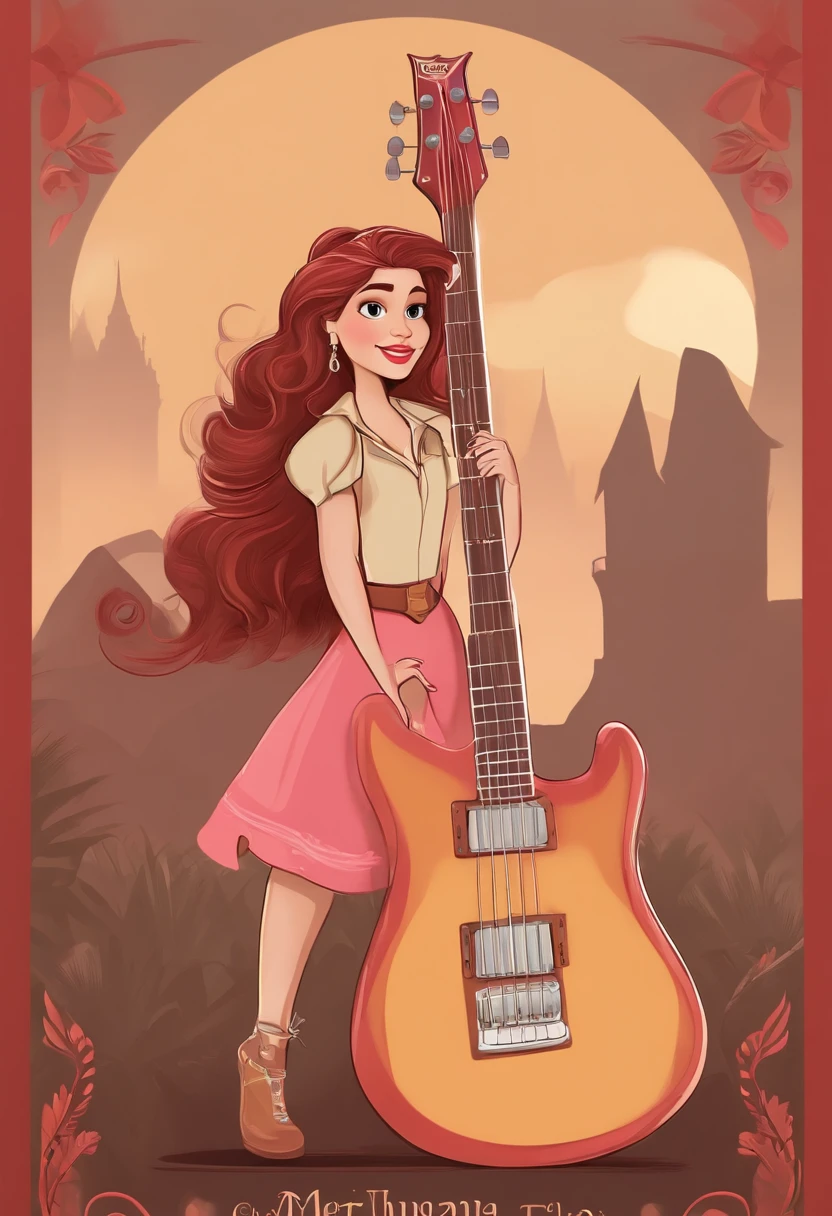 Create a poster inspired by Disney Pixar movies, featuring a girl teen, with big light brown eyes and medium lips, with light brown hair with red highlights, and with a pink bass guitar. The poster is titled 'Nadia' The digital artwork should be in the Pixar style, reminiscent of an animated feature.