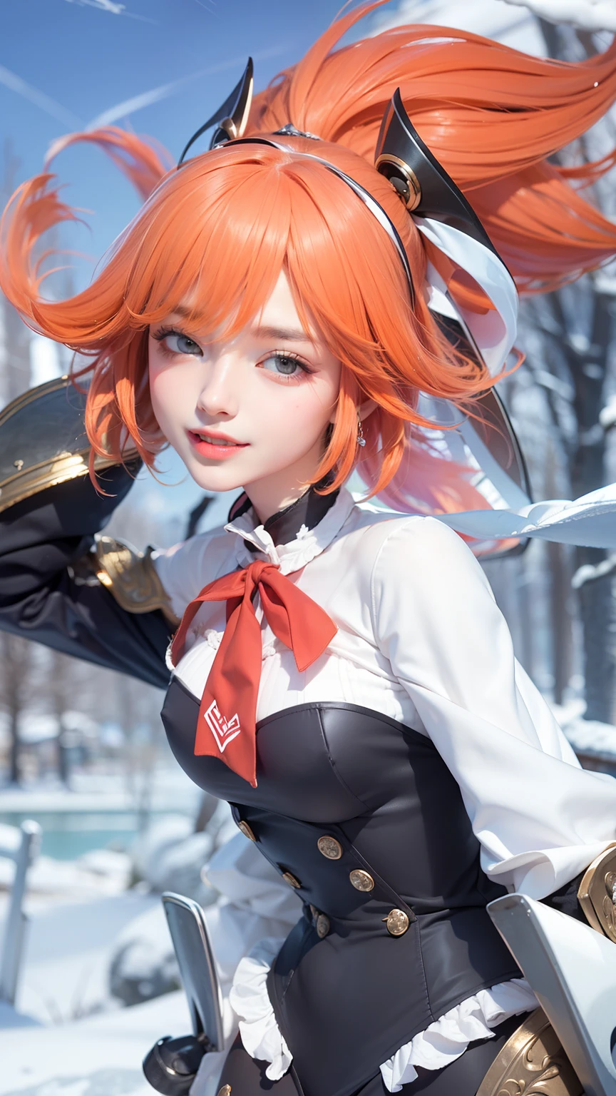 best quality,4k,8k,highres,masterpiece:1.2,ultra-detailed,photorealistic:1.37,landscape,portraits,professional,sharp focus,vivid colors,HDR,physically-based rendering,bokeh,studio lighting,extreme detail description,realistic digital painting,Northern Lights,snow-capped mountains,crystal clear lake,swaying pine trees,serene atmosphere,majestic beauty,sunlight pouring through clouds,subtle color transitions,delicate brushstrokes,dramatic depth of field,peaceful solitude,harmonious color palette,ethereal glow,meticulous attention to detail,audience captivated,breathtaking scenery,impeccable level of realism,awe-inspiring landscape,serenity depicted in every stroke,(large D breast and exsposed cleavage: 1.6),naughty smile,red lips,bright yellow eyes,