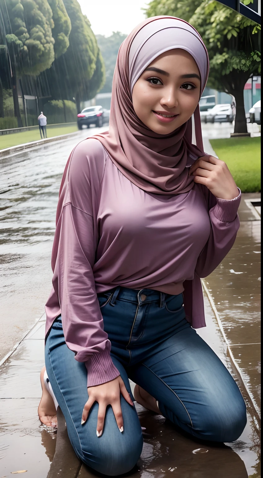 RAW, Best quality, high resolution, masterpiece: 1.3), beautiful Malay woman in hijab (iu:0.8),Best quality, high resolution, Masterpiece: 1.3, Beautiful  hijabi malay girl, Masterpiece, Soft smile,Beautiful Malay women wear pastel color hijab kneeling in heavy rain , ((in street park)), bright sunshine, hiking clothes, pullover, long pants, highres,4k,HDR,1girl, photorealistic, realistic,sweat skin, wet clothes, wet body, big breast, ((full body))soaked, dripping, smiling at viewer, closeup