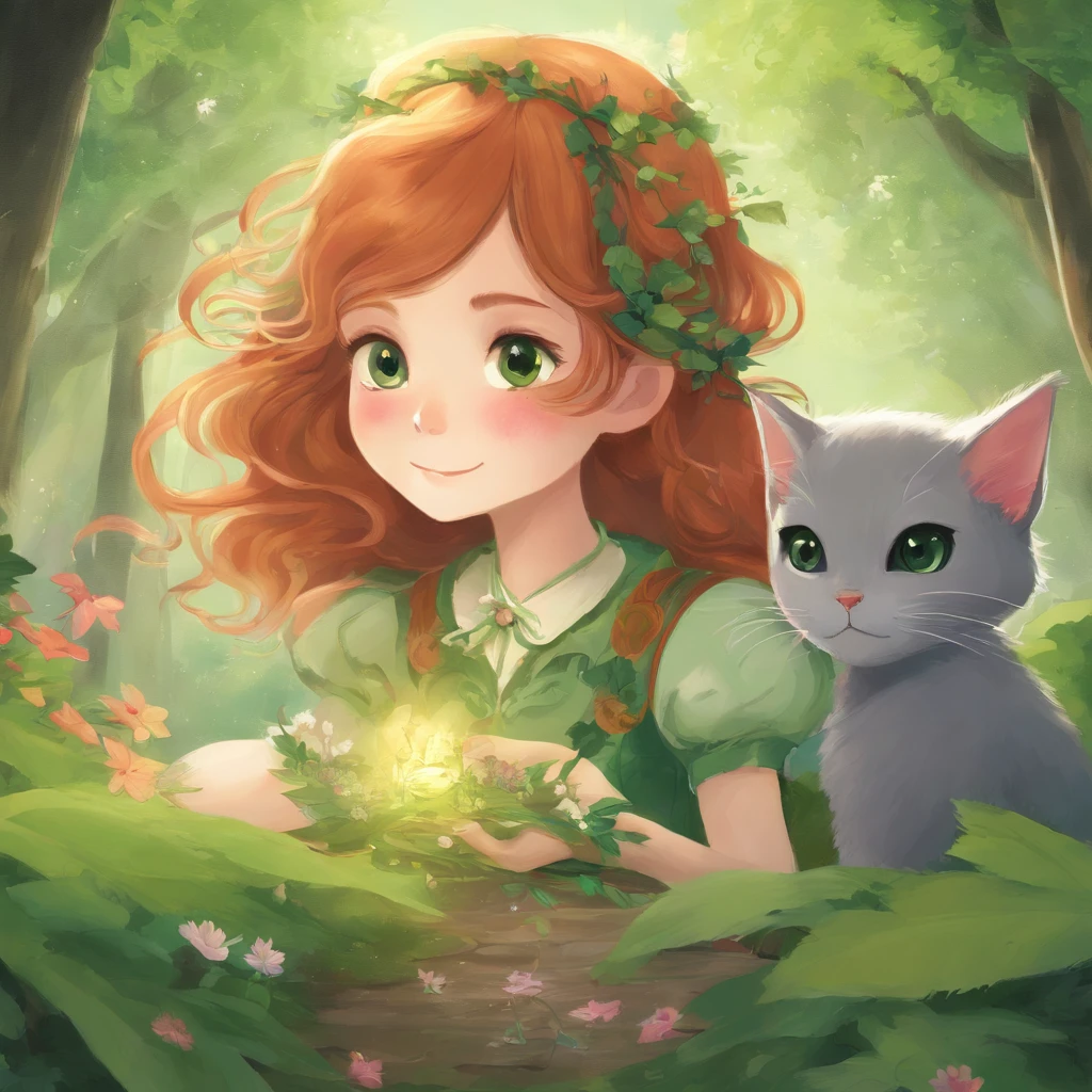 Upshot A park full of greenery Chestnut-haired girl and gray cat with forehead and forehead combined Fantastic and happy feeling The overall design is classical and the color is strong green Picture book illustrations