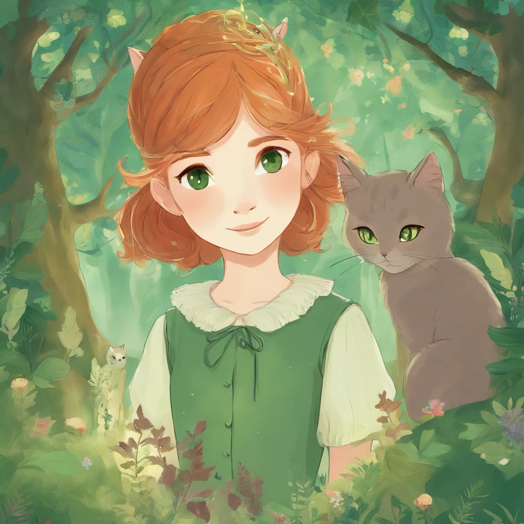 Upshot A park full of greenery Chestnut-haired girl and gray cat with forehead and forehead combined Fantastic and happy feeling The overall design is classical and the color is strong green Picture book illustrations
