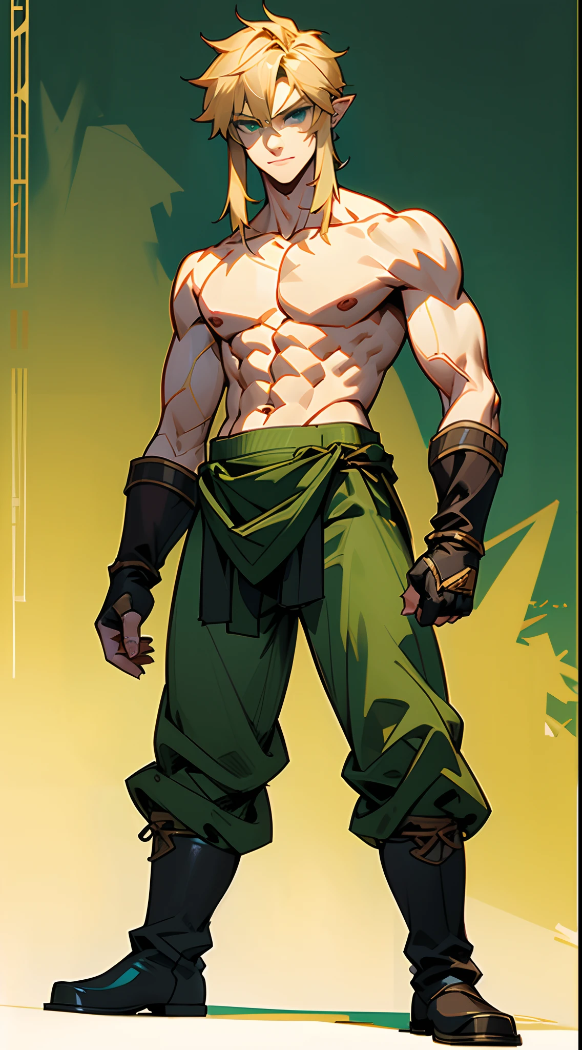 blond, tall, green-eyed guy, viking style, russian hero style, strong,  anime style, anime  , link, ( short gloves), standing, (topless:1.3), demigod , (muscular:0.3),(sport:0.2), (empty dojo),(smiling:0.5), (dominant),(evil:0.6)(confident)(sadistic)(adult:1.5)(masculine:1.2)(slender:0.2)(powerful)(looking at viewer)(pants)(beautiful eyes)(full body)(combat hiking boots)