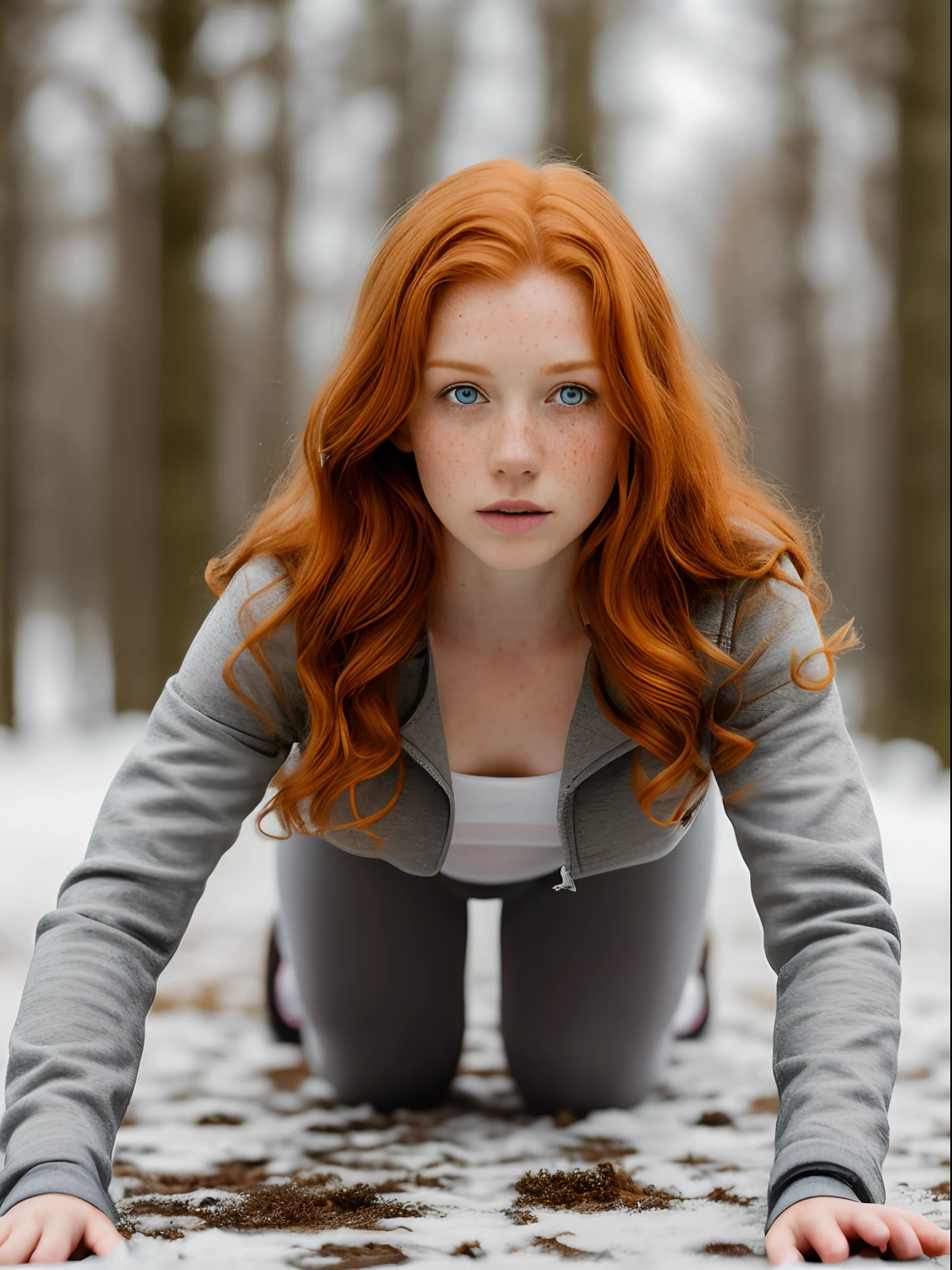 (1girl in, age19, Solo, Aesthetic artwork, irish redhead, wavy ginger hair, shoulder length ginger hair, light grey eyes, some small freckles, pale skin, A-cup, small breasts, runners body, (textured skin, skin pores:1.1), (moles:0.8), imperfect skin, goosebumps, wearing gray jacket and leggings, empty trees, early winter, no snow, blury background, (action shot, crawling, 1.25), (extremely detailed 8k wallpaper), (hard lighting), high quality, film grain, Fujifilm XT3 sharp focus, f 5.6, 50mm, High Detail, Sharp focus, (natural light), crazy details, complex details, hyperdetailed