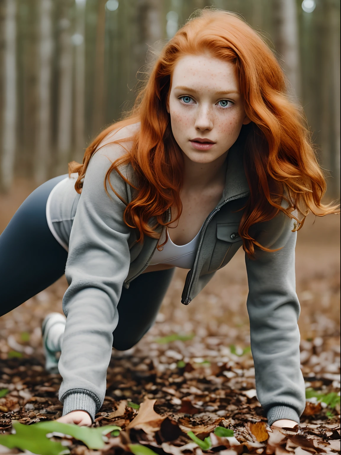(1girl in, 19, Solo, Aesthetic artwork, irish redhead, wavy ginger hair, shoulder length ginger hair, light grey eyes, some small freckles, pale skin, A-cup, small breasts, runners body, (textured skin, skin pores:1.1), (moles:0.8), imperfect skin, goosebumps, wearing gray jacket and leggings, empty trees, early winter, no snow, blury background, (action shot, crawling, 1.25), (extremely detailed 8k wallpaper), (hard lighting), high quality, film grain, Fujifilm XT3 sharp focus, f 5.6, 50mm, High Detail, Sharp focus, (natural light), crazy details, complex details, hyperdetailed
