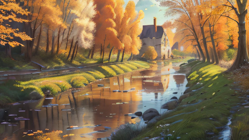 (Extremely detailed and high-quality), paysage naturel pittoresque, village, Charme rustique, Turbulent River, Cas de jour, (Un artiste en attente), (detailed scenery), (plein-air), High definition, Colorful environment, calme et serein, Lovely soft light filtering through the trees, automne.