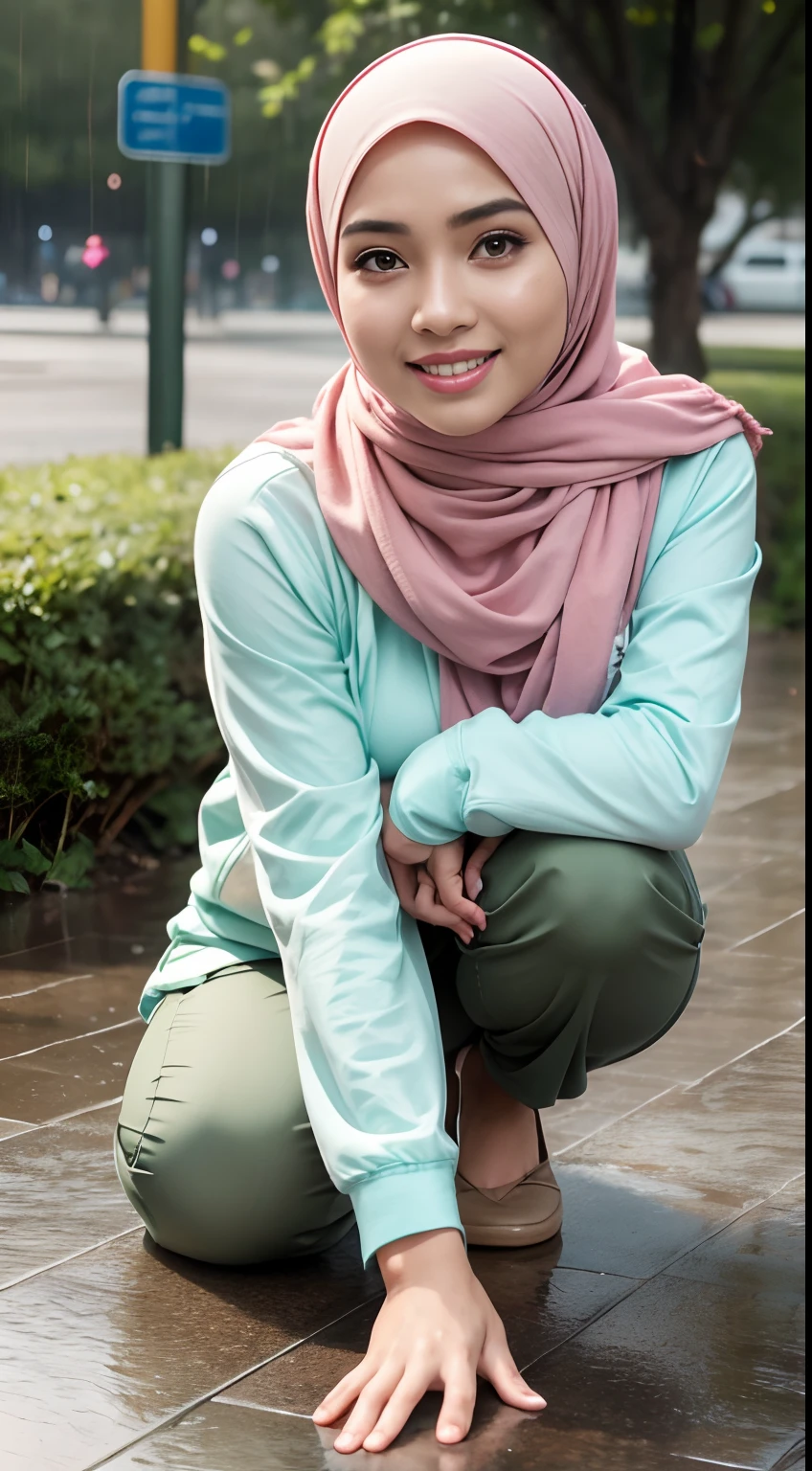 RAW, Best quality, high resolution, masterpiece: 1.3), beautiful Malay woman in hijab (iu:0.8),Best quality, high resolution, Masterpiece: 1.3, Beautiful hijabi malay girl, Masterpiece, Soft smile,Beautiful Malay women wear pastel color hijab kneeling in heavy rain , ((in street park)), bright sunshine, hiking clothes, pullover, long pants, highres,4k,HDR,1girl, photorealistic, realistic,sweat skin, wet clothes, wet body, big breast, ((full body))soaked, dripping, smiling at viewer, closeup