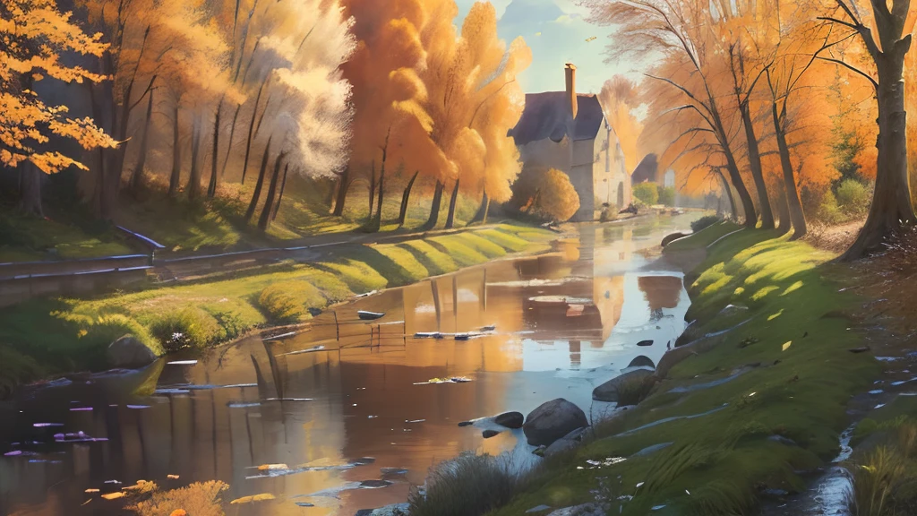 (Extremely detailed and high-quality), paysage naturel pittoresque, village, Charme rustique, Turbulent River, Cas de jour, (Un artiste en attente), (detailed scenery), (plein-air), High definition, Colorful environment, calme et serein, Lovely soft light filtering through the trees, automne.
