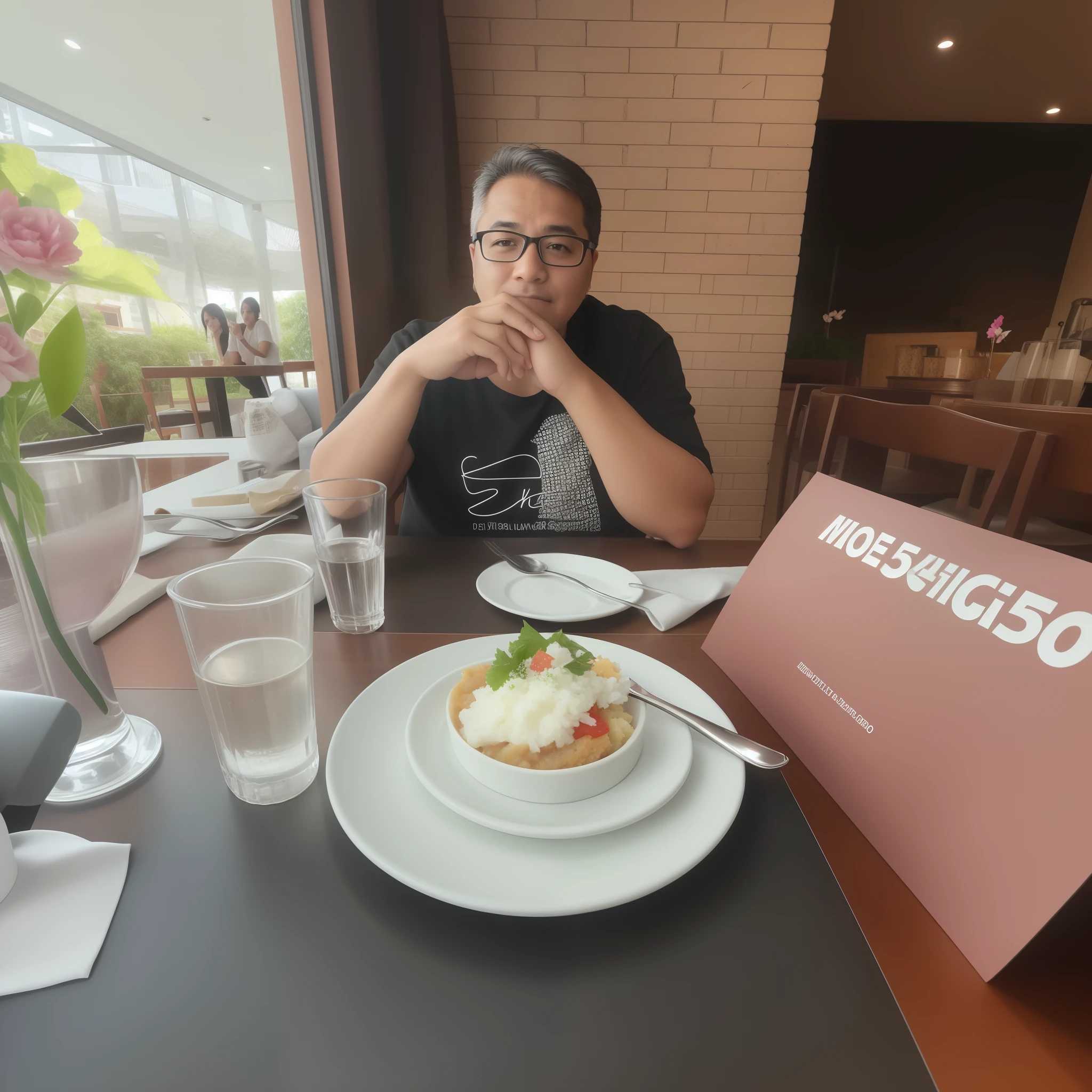 there is a man sitting at a table with a plate of food, Tomado com Sony Alpha 9, non blurry, sobremesa, Tiro com Sigma F/ 4.2, Tiro com Sigma F / 4. 2, Tomada com Canon 8 0 D, Tiro com Sony Alpha, divertindo-se, delicioso, Tirado com Canon 5D MK4, suave em _ O pano de fundo