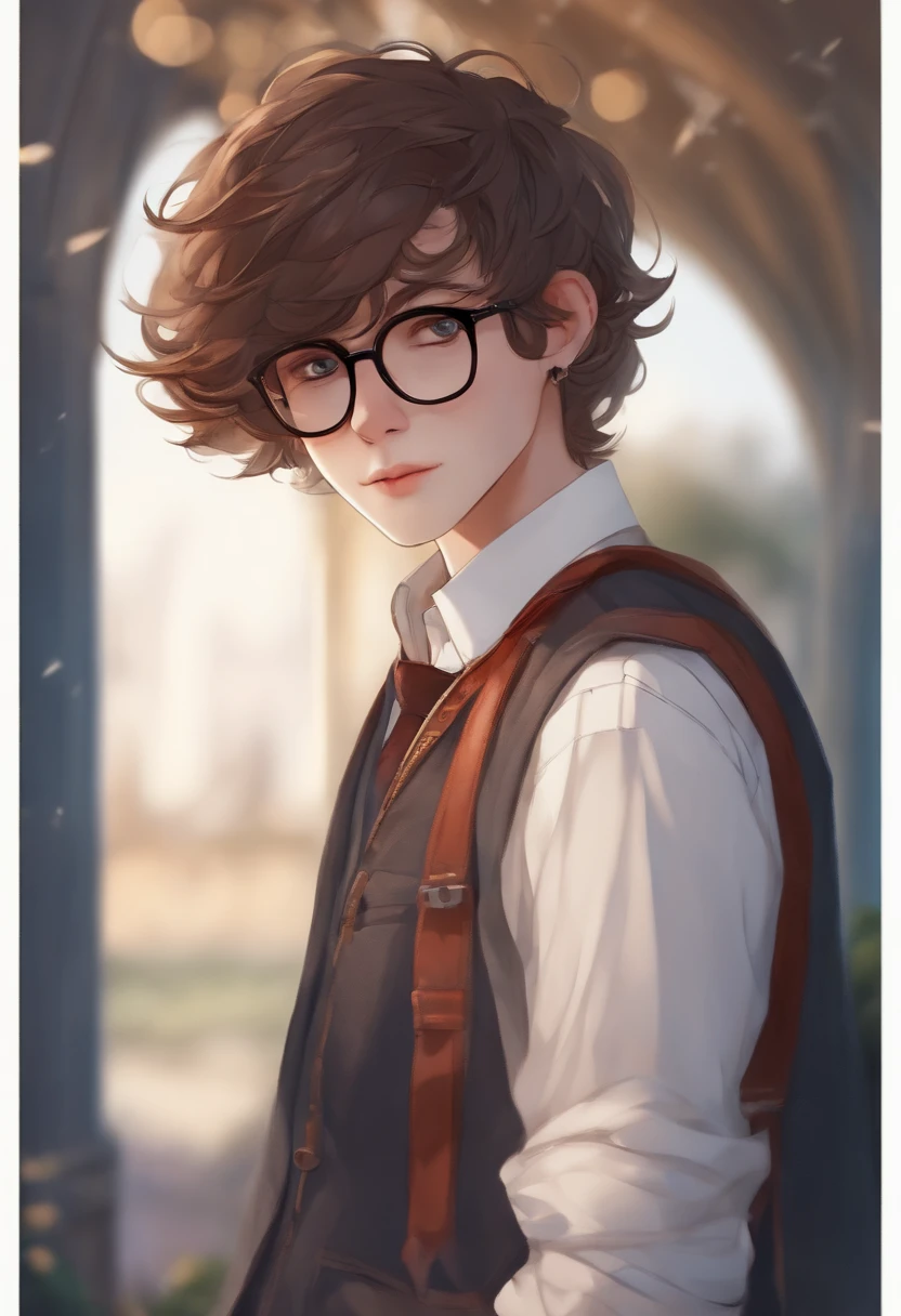 A ager, he is white and thin, has short brown hair, wears geek clothes and square glasses.