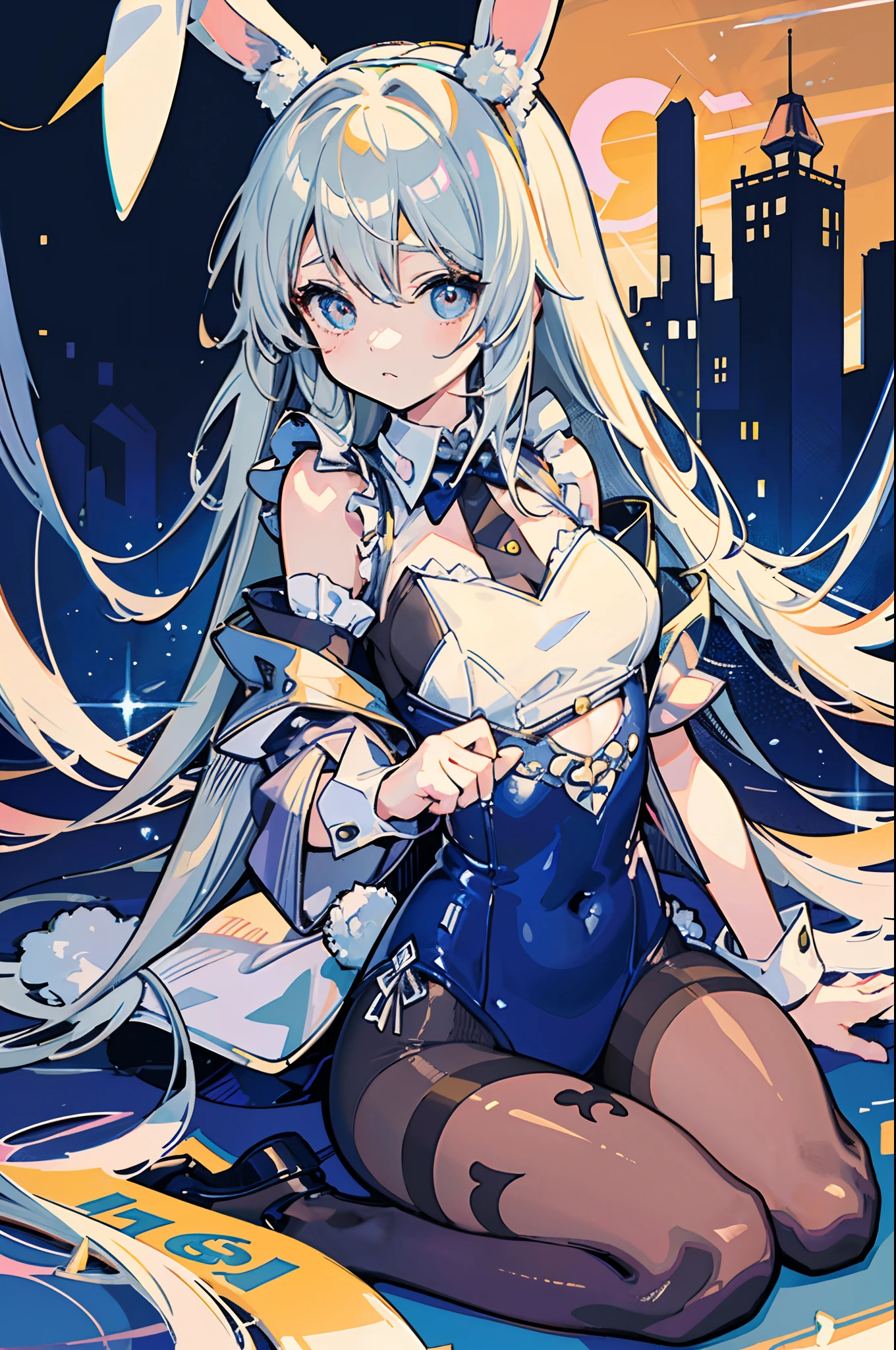 This illustration shows a girl sitting on the floor,She transforms into the image of a bunny girl,The illustration presents a very detailed cover art effect。The scene is depicted very delicately。She is dressed in a role-play costume in a maid costume,The whole gives a sense of innocence,There is a love motif in the picture,The overall picture has a jagged edge effect,Taken together,This illustration creates a naïve scene,Featuring the image of a bunny girl,And mixed with elements of Lovecraft, Embarrassing face Embarrassed cheeks turning red Startled surprise