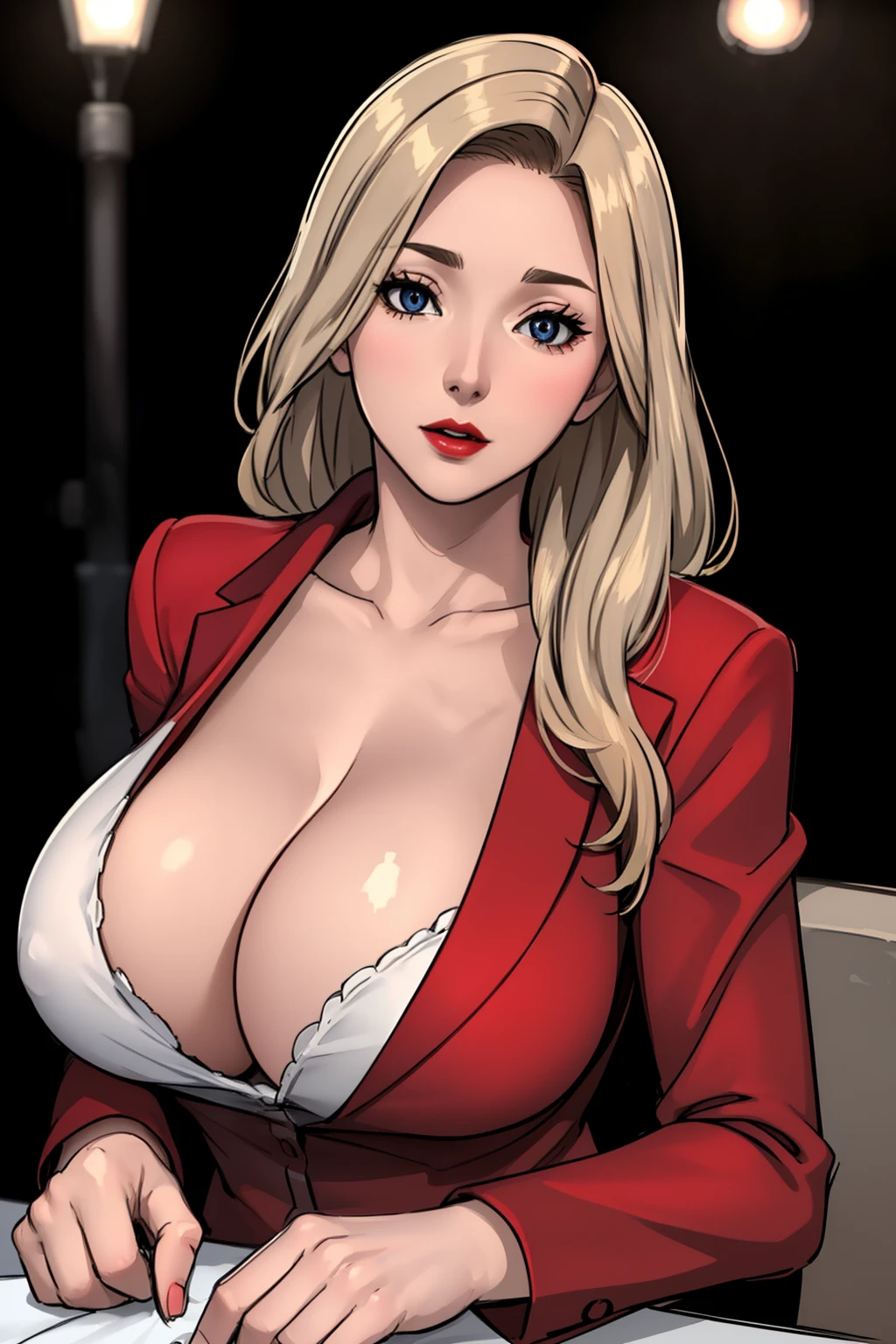 masterpiece, ,(solo:1.1), perfect face, (bright lighting:1.2),beautiful detailed eyes, extremely detailed face, perfect lighting,masterpiece, best quality, ((mature female)), ((large breasts)), 30yo female, 1girl, , hetero, 1boy, solo focus, pov, red lips, blazers, blonde hair,