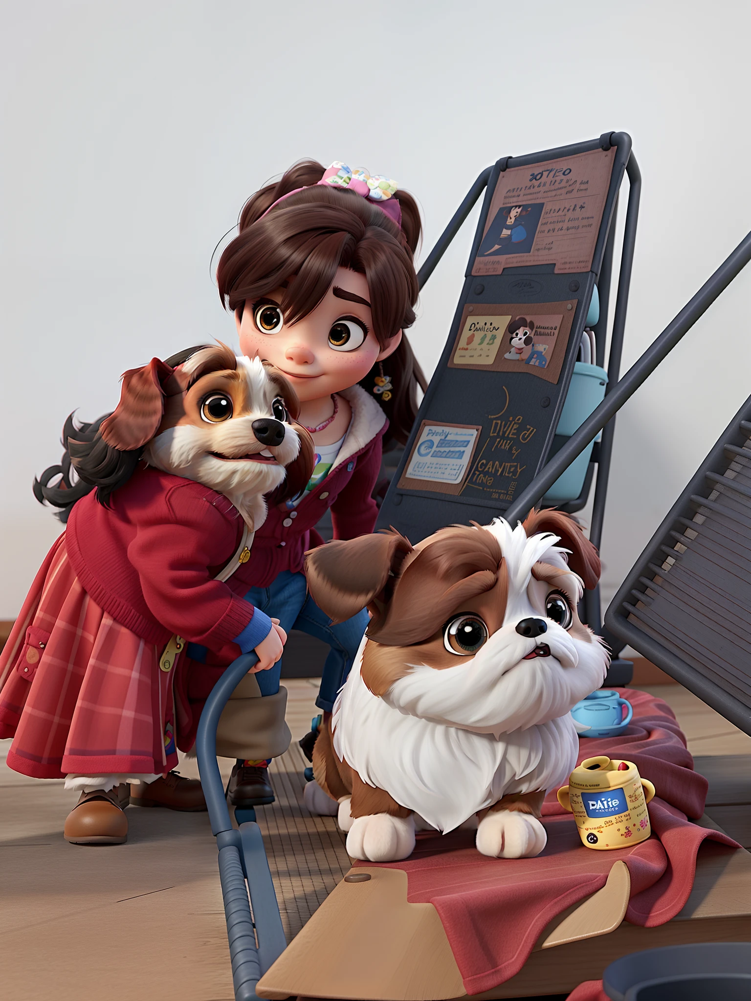 Disney Pixar-style Girl and Dog shih tzu , Alta calidad, mejor calidad