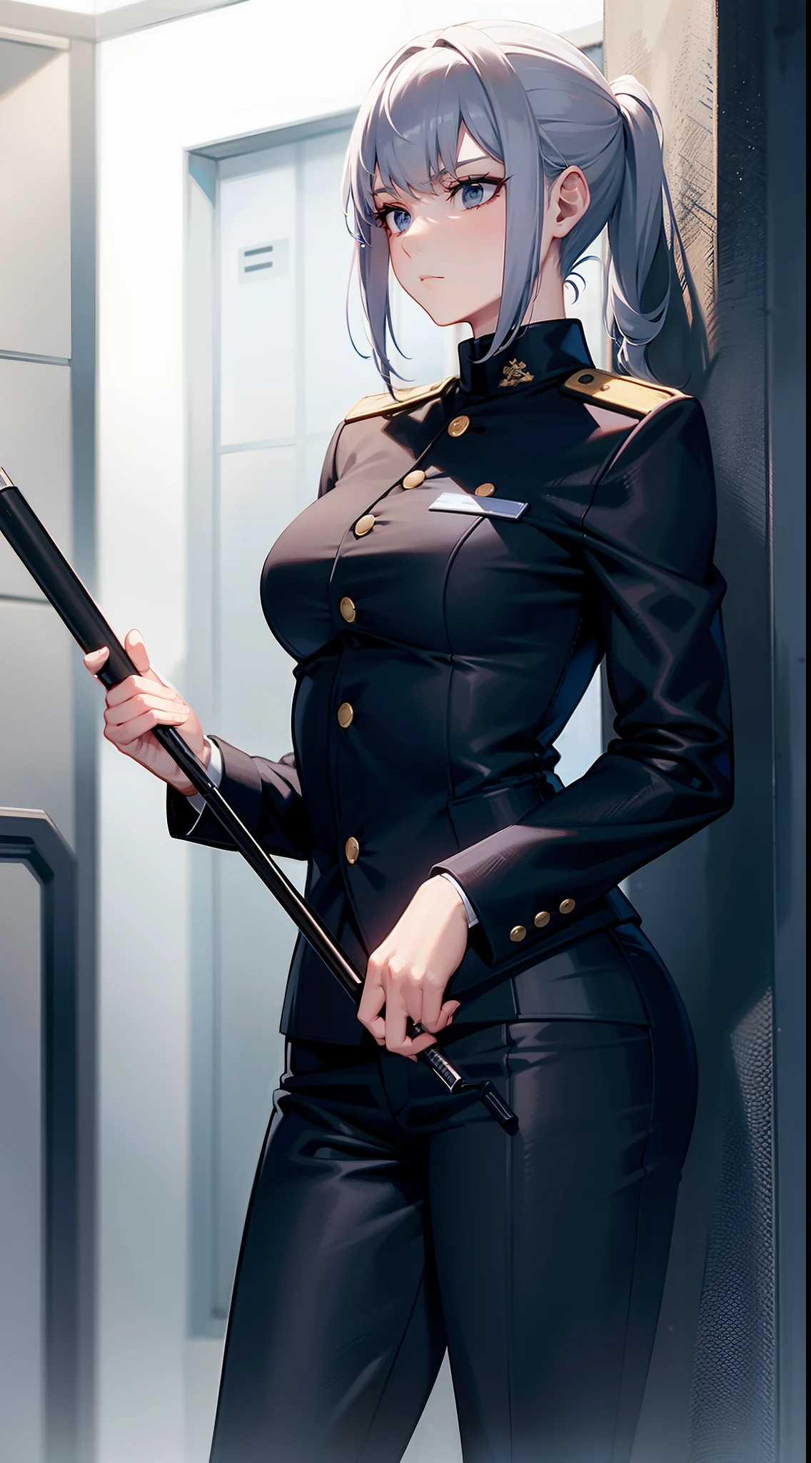 1 lady, prison guard, holding baton, black uniform, looking down, domineering