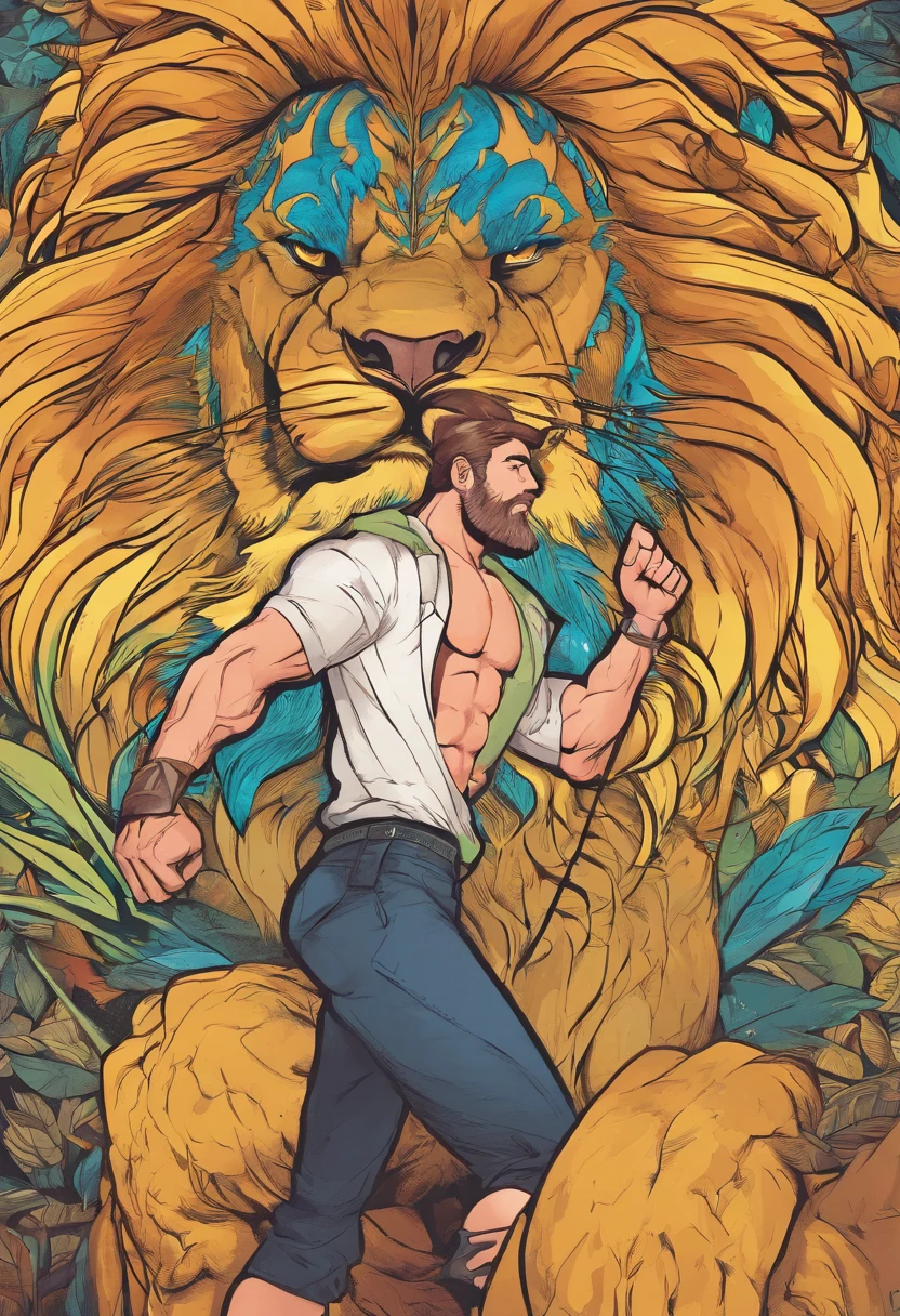 um homem musculoso e barbudo, Standing in front of a lion.