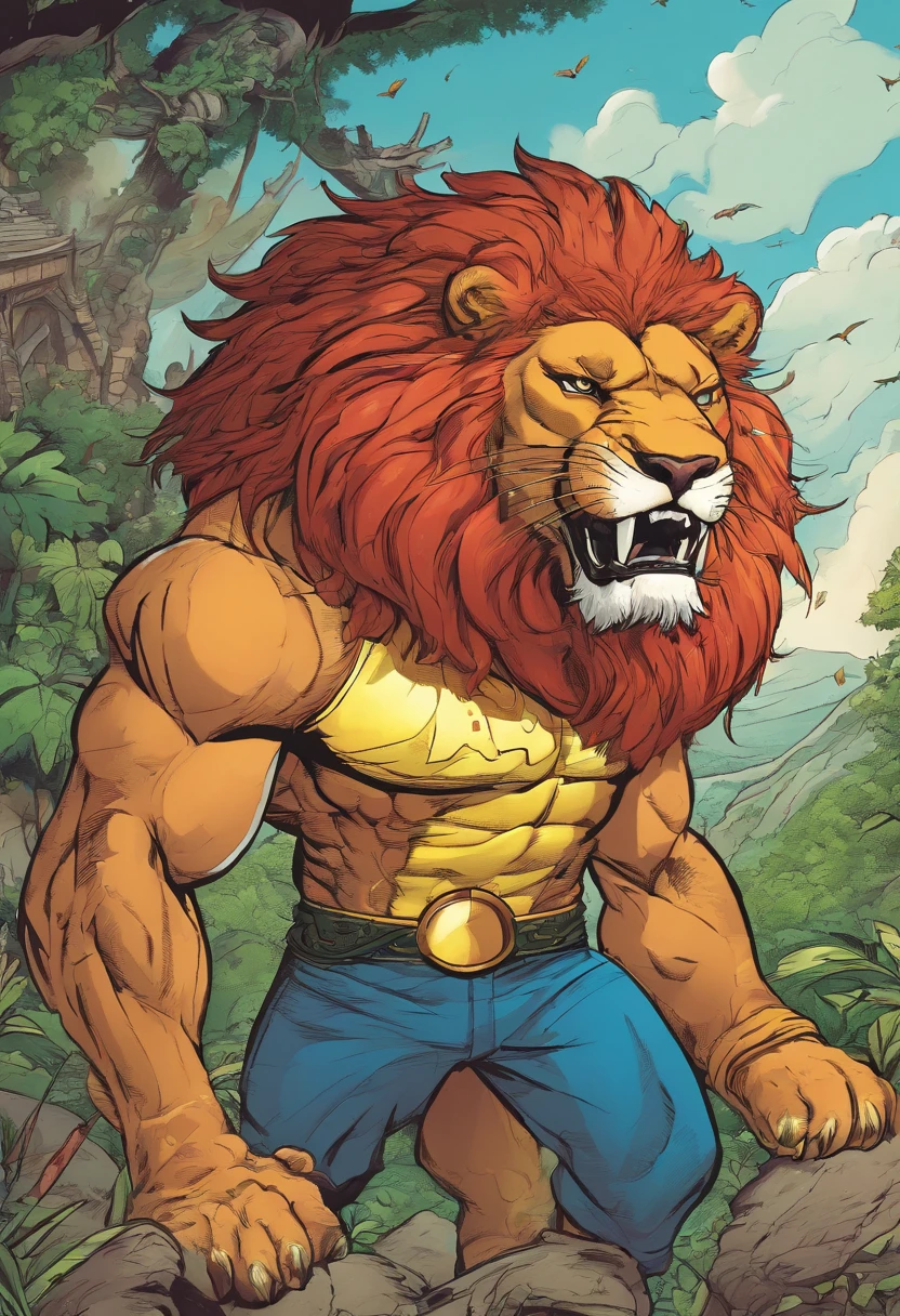 Lion Laugh with your mouth wide open A shot from the chest up only No background American comic style Poses that show off your muscles