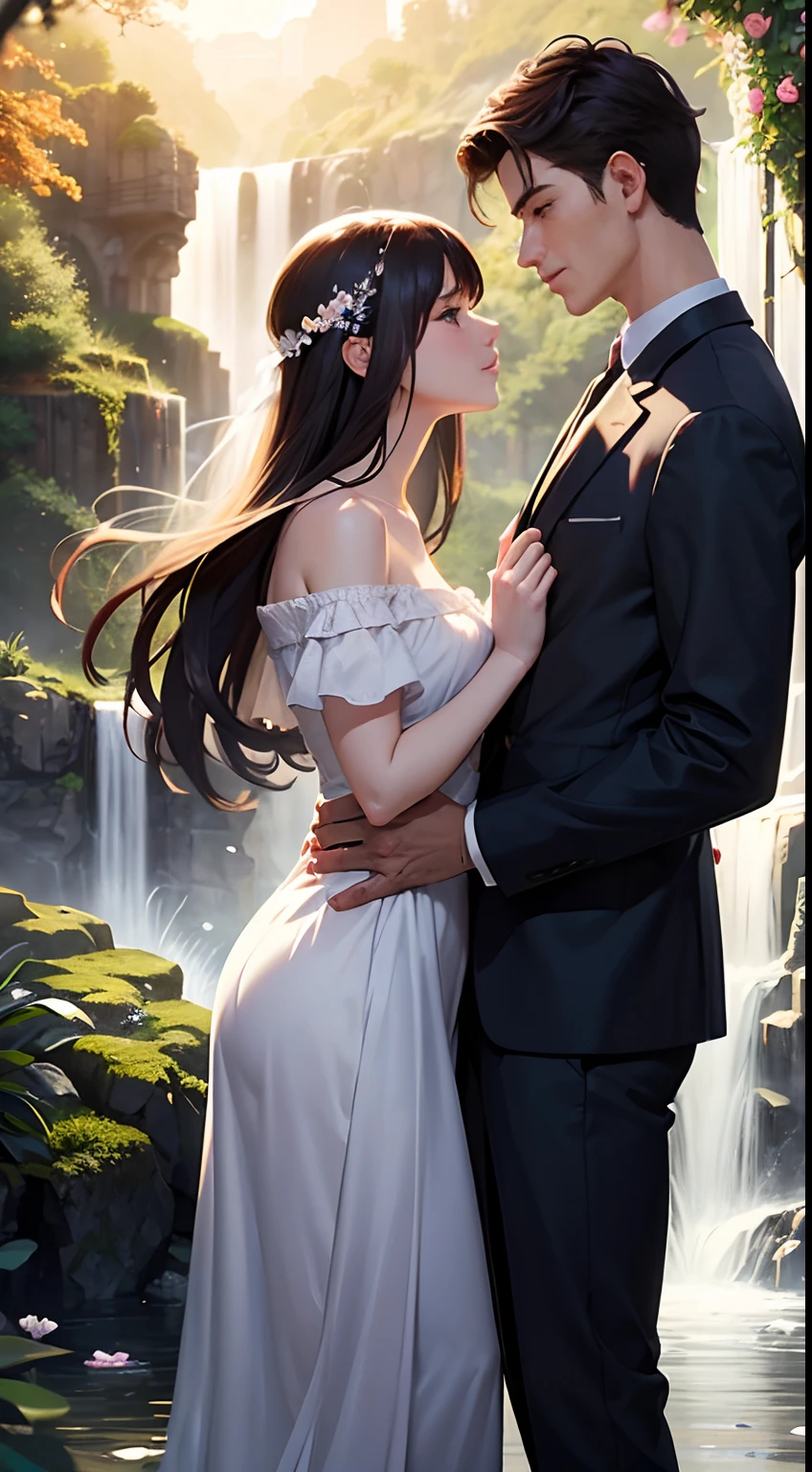 (magical digital artwork:1.3), (masterpiece), (cinematic), a couple, a guy and a woman, looking to each other, waterfall backgroud, (waterfall),nature,(perfect faces), from side,(romantic), (love), alone, (two people), elegant, perfect scenery, perfect lighting, heart warming, sunset, heaven, (light particles), soft, flowers, rocks, water, intricate, white dress, gorgeous lighting, romantic atmosphere, good feeling